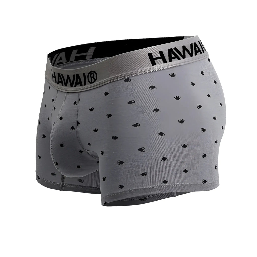 Gray hawai 42571 cotton blend boxer briefs with subtle black fish pattern and branded elastic waistband