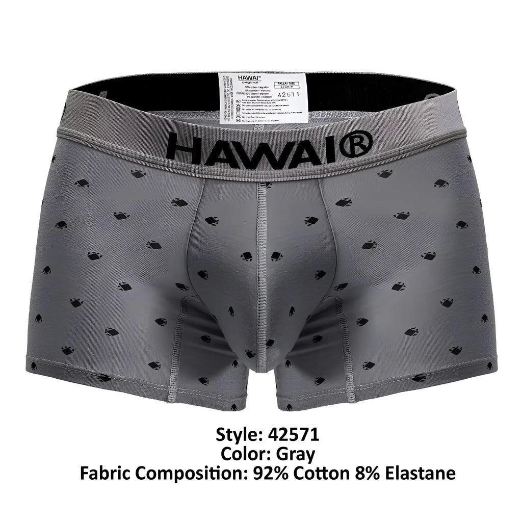 Gray hawaii brand cotton blend boxer briefs with subtle black fish pattern and elastic waistband trunk style