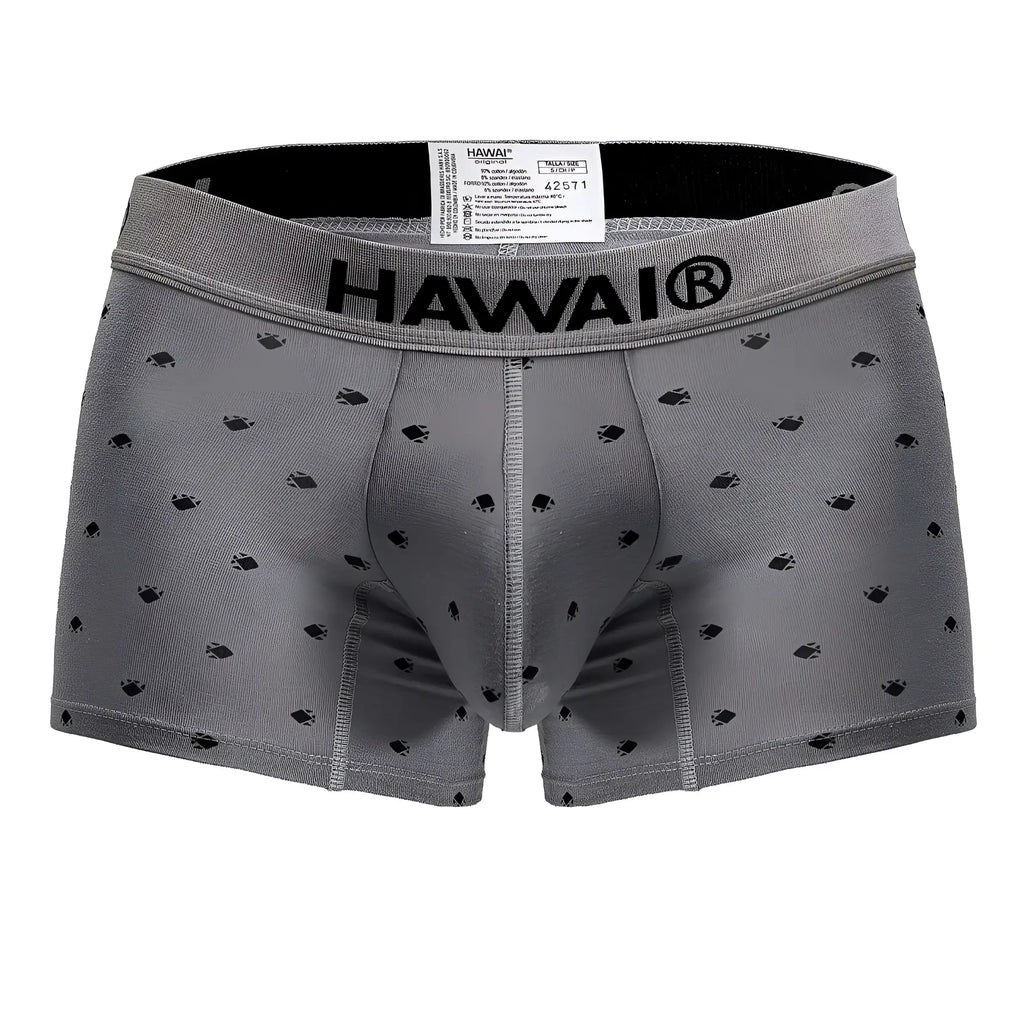 Gray hawaii cotton blend men’s boxer briefs with subtle black fish pattern and reinforced stitching front view