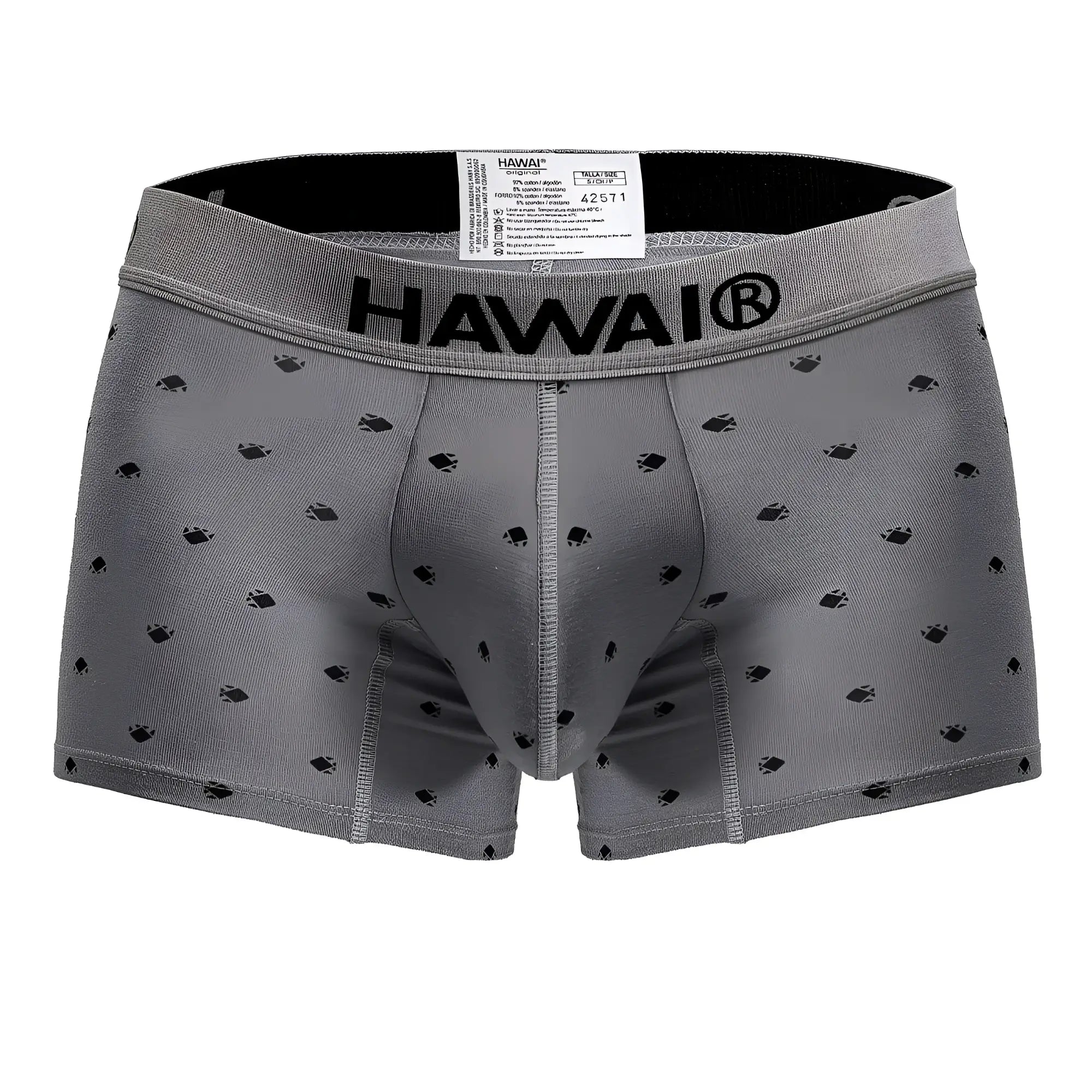 Gray hawaii cotton blend men’s boxer briefs with subtle black fish pattern and reinforced stitching front view