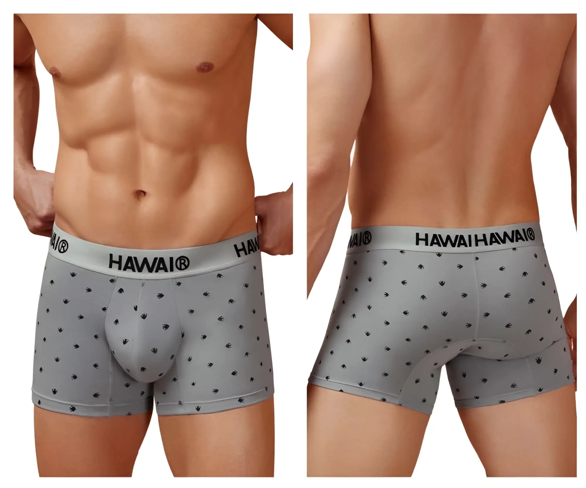 Gray hawaian-themed men’s cotton blend boxer briefs with black palm tree prints and branded waistband