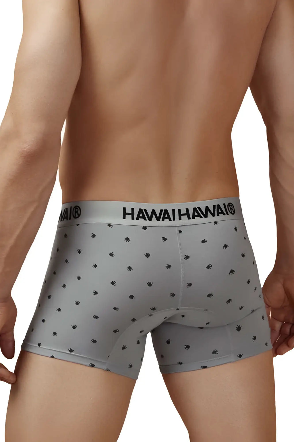 Gray cotton blend men’s boxer briefs with black palm tree pattern and hawai hawai branded waistband from hawai 42571