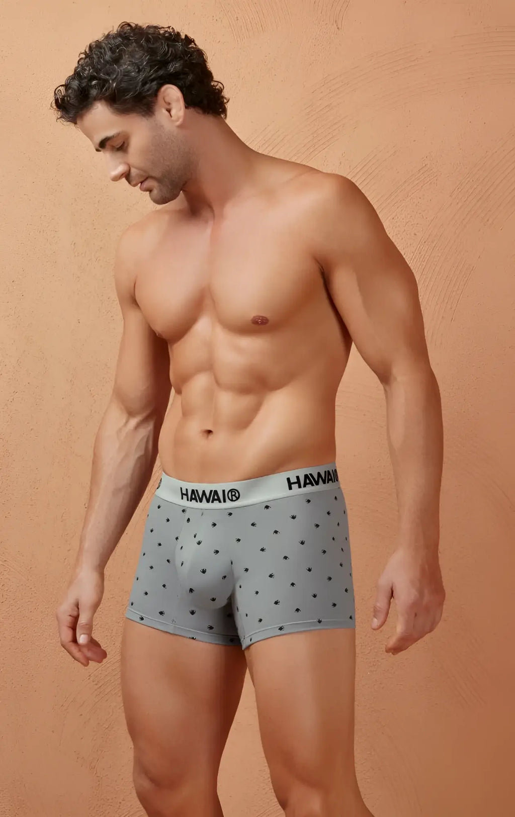 Gray cotton blend trunks with white hawaii branded waistband featuring gray polka-dot design style 42571