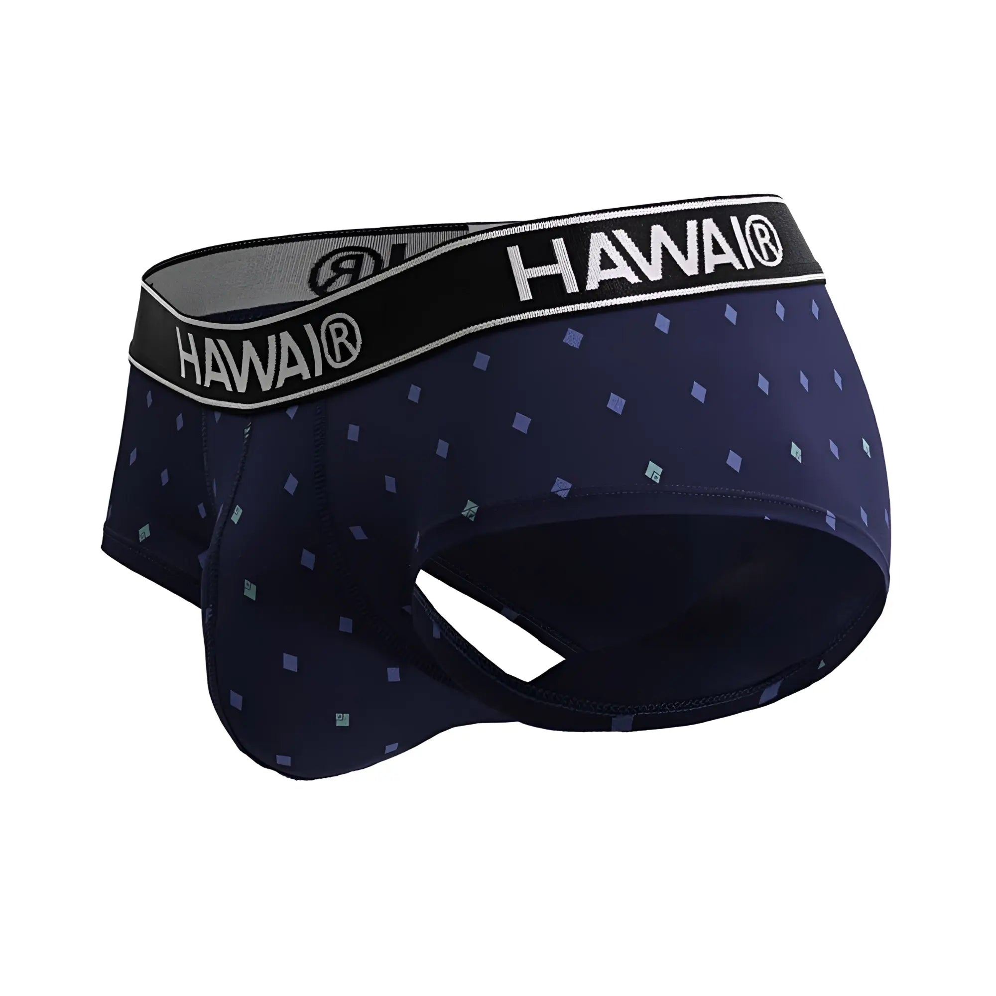 Dark blue hawai 42580 microfiber men’s briefs with a subtle light purple and teal diamond pattern on the fabric