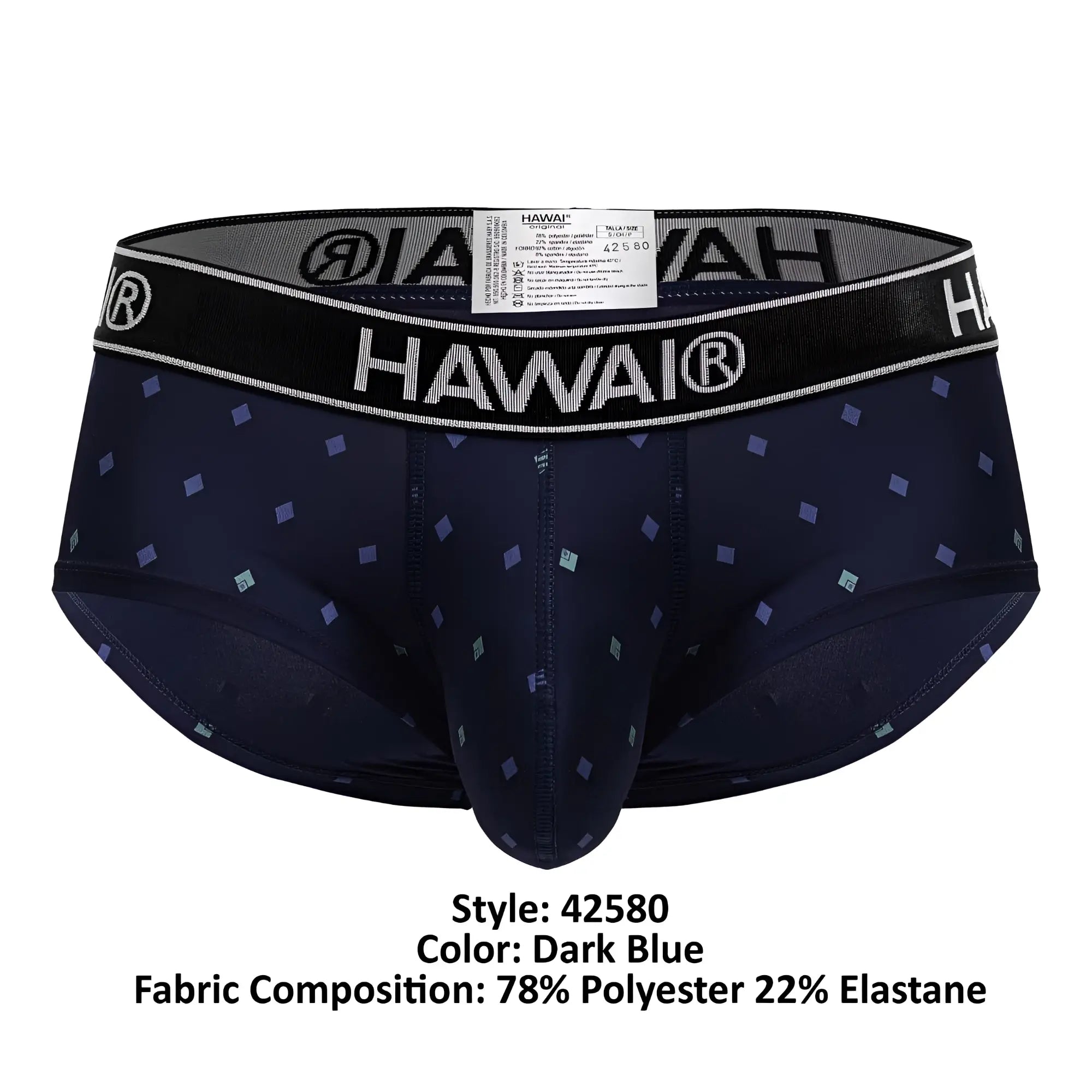 Dark blue hawai 42580 microfiber men’s briefs with subtle geometric pattern and black waistband featuring logo