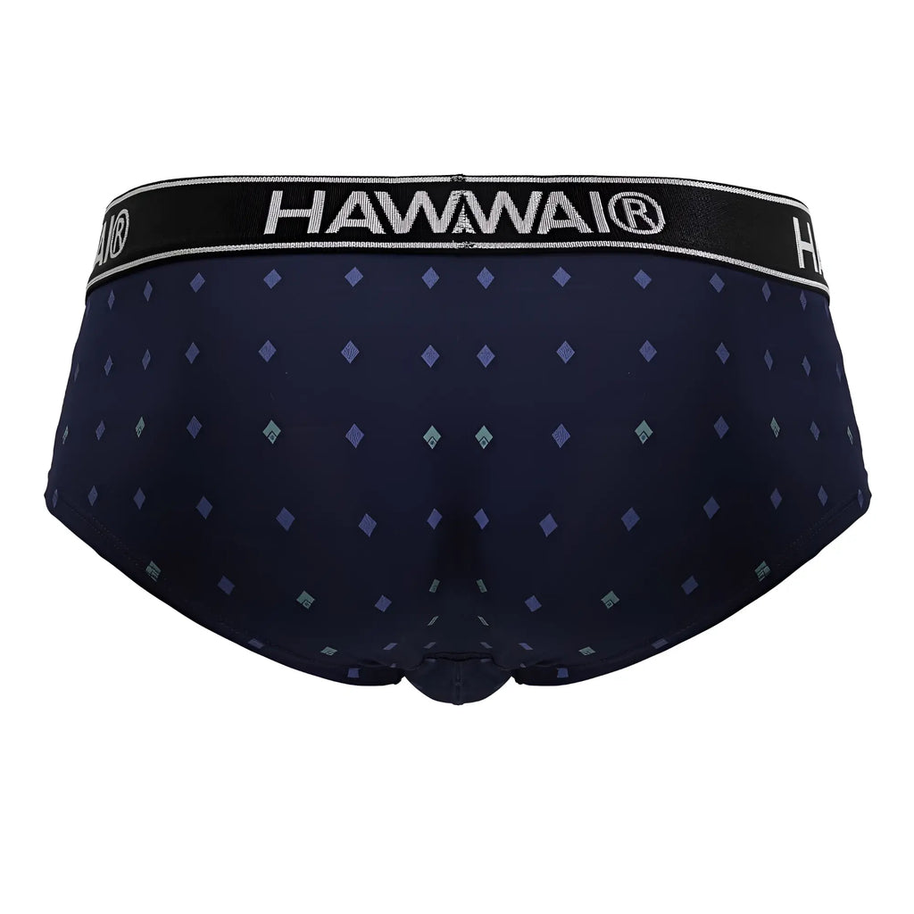 Dark navy blue hawaiian men’s microfiber briefs with purple teal diamond pattern and black waistband with white hawaii branding