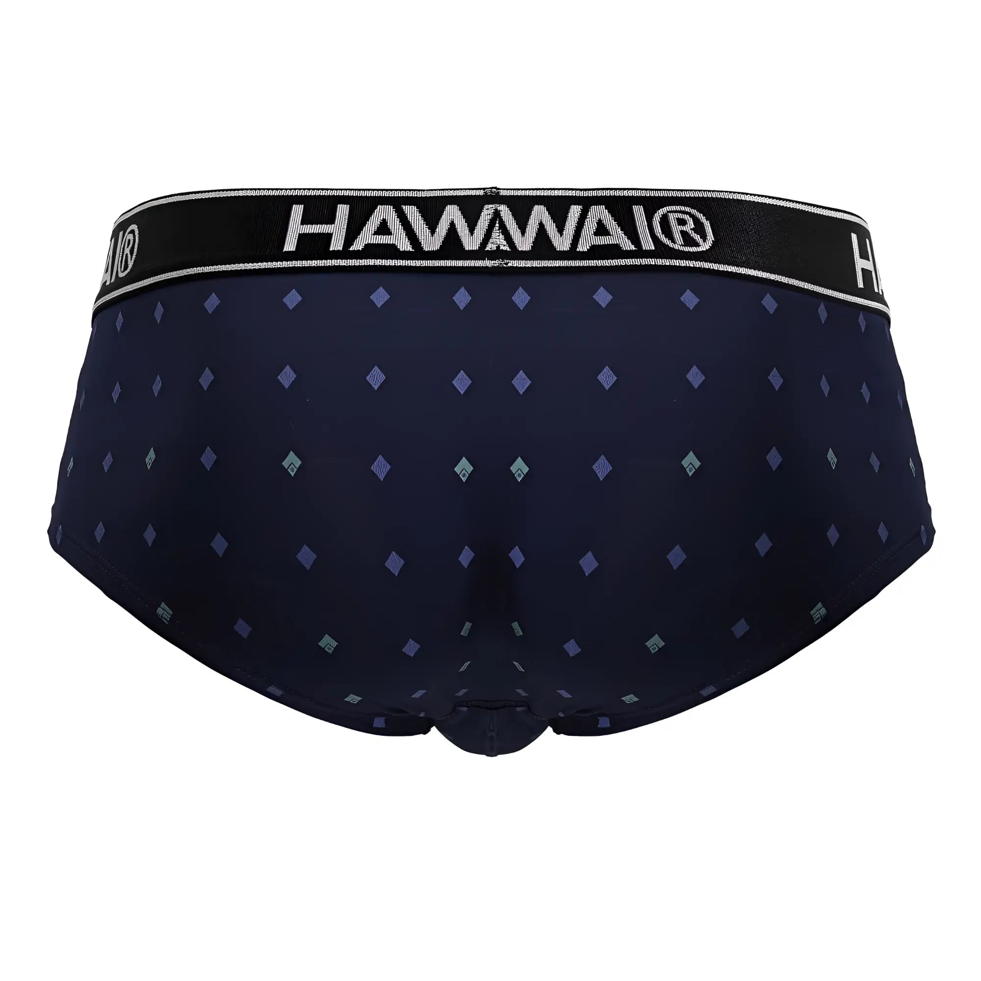 Dark navy blue hawaiian men’s microfiber briefs with purple teal diamond pattern and black waistband with white hawaii branding