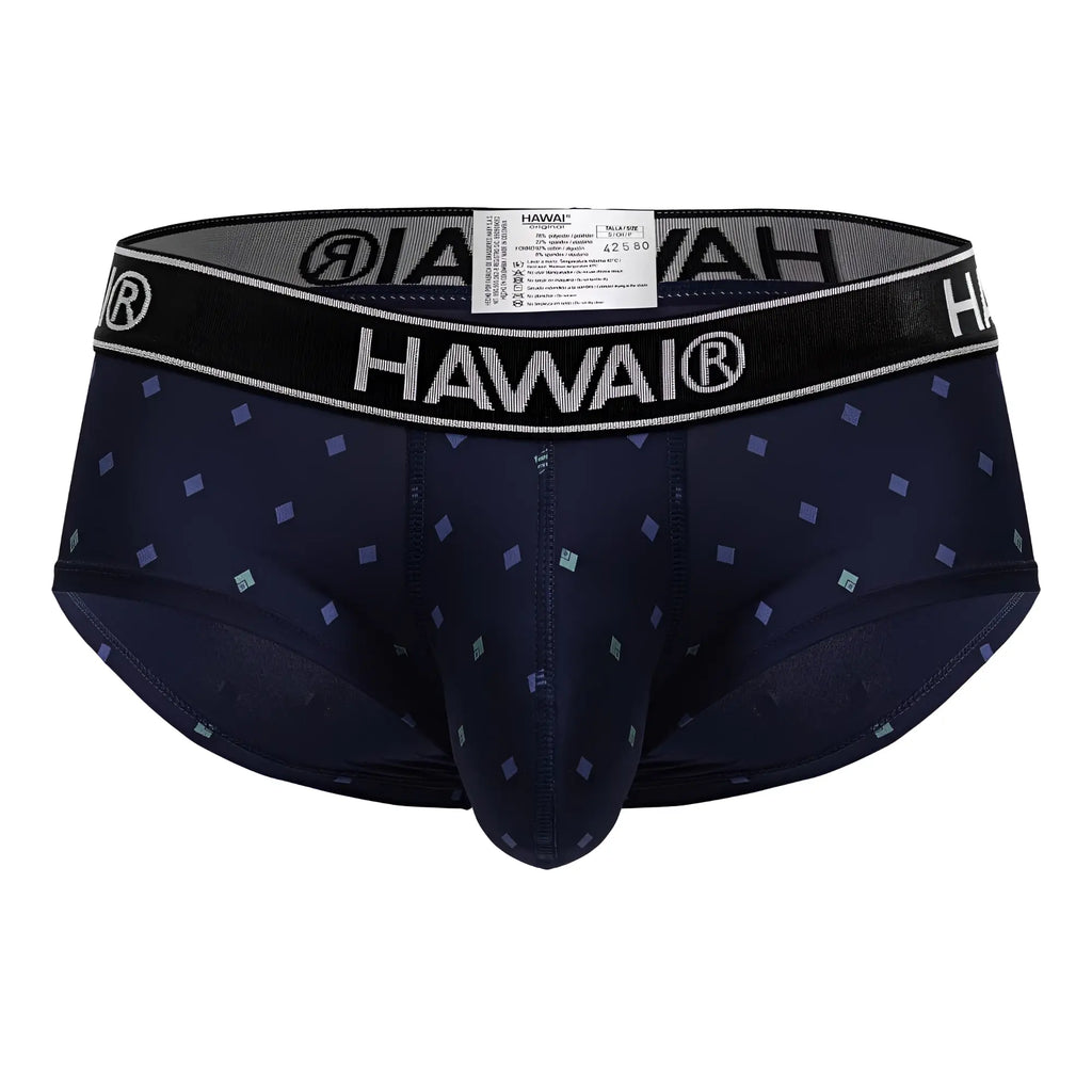 Dark navy blue HAWAI 42580 microfiber men’s briefs with light purple and teal diamond pattern across fabric