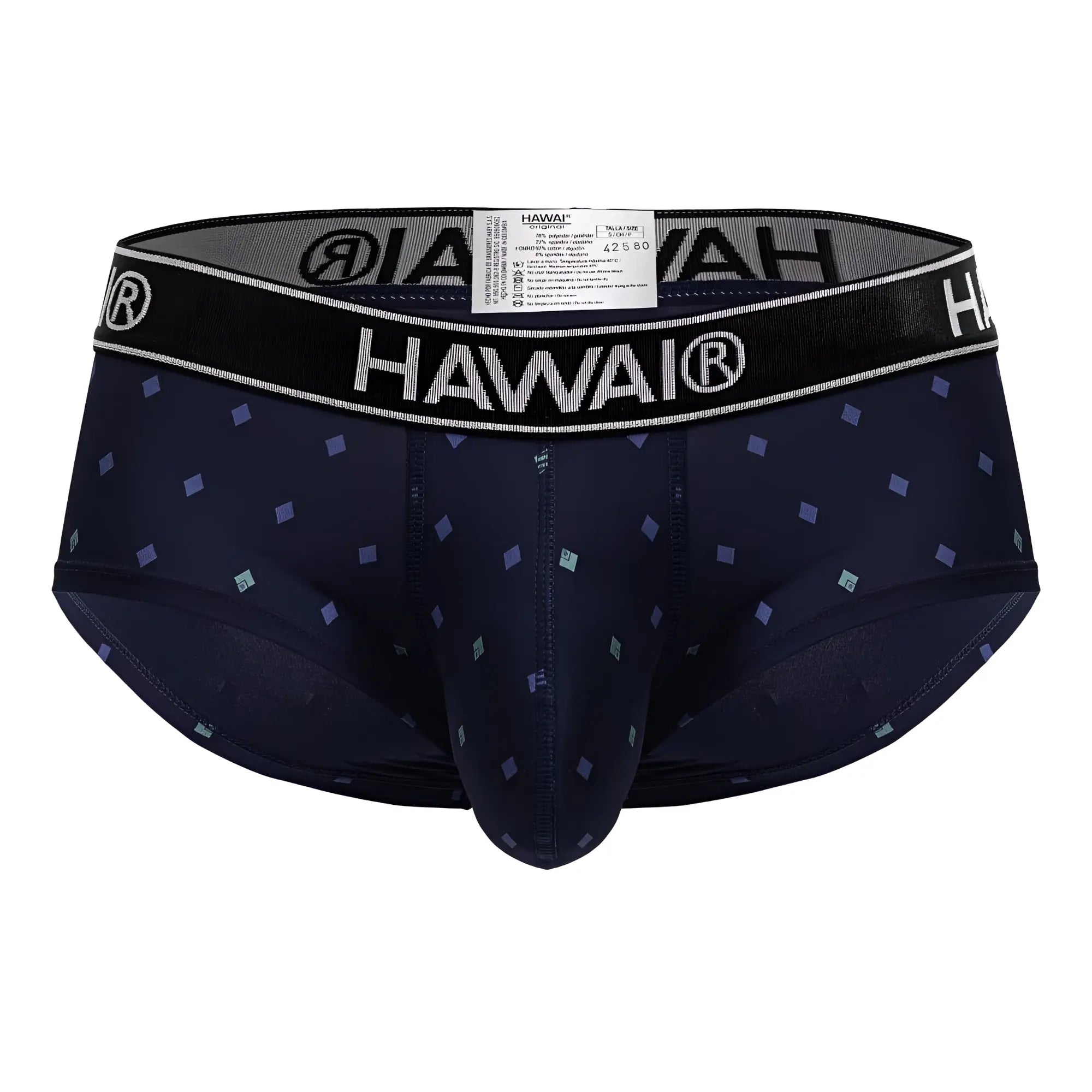 Dark navy blue HAWAI 42580 microfiber men’s briefs with light purple and teal diamond pattern across fabric