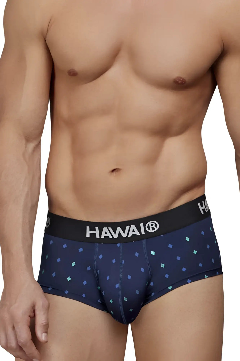 Navy blue hawai 42580 microfiber briefs with black waistband featuring hawai brand name in white lettering
