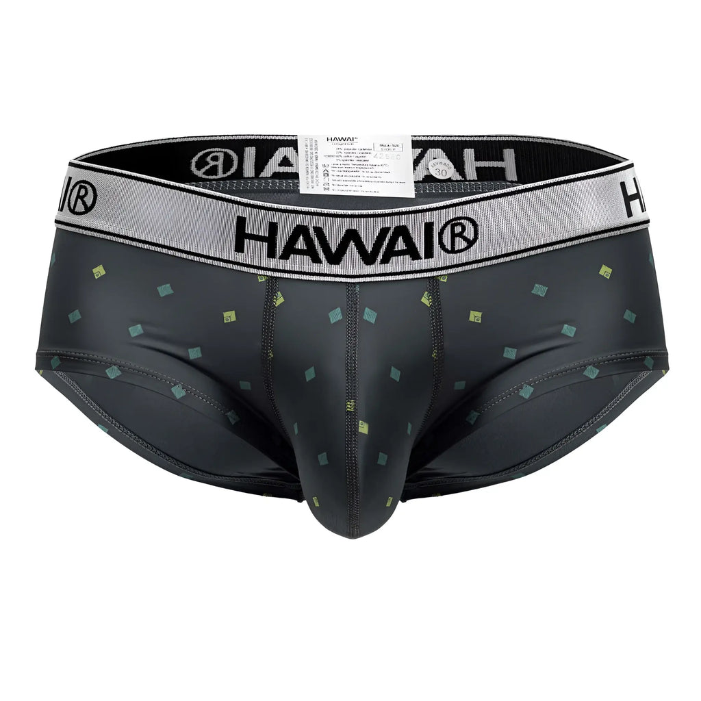 Black Hawai 42580 microfiber men’s briefs in gray with subtle green and yellow square pattern and gray waistband with black branding