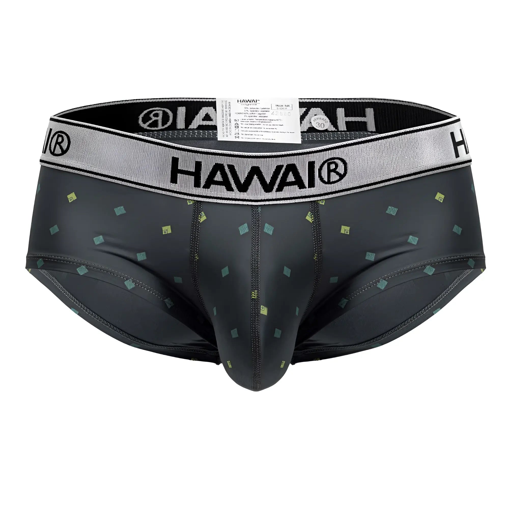 Black Hawai 42580 microfiber men’s briefs in gray with subtle green and yellow square pattern and gray waistband with black branding