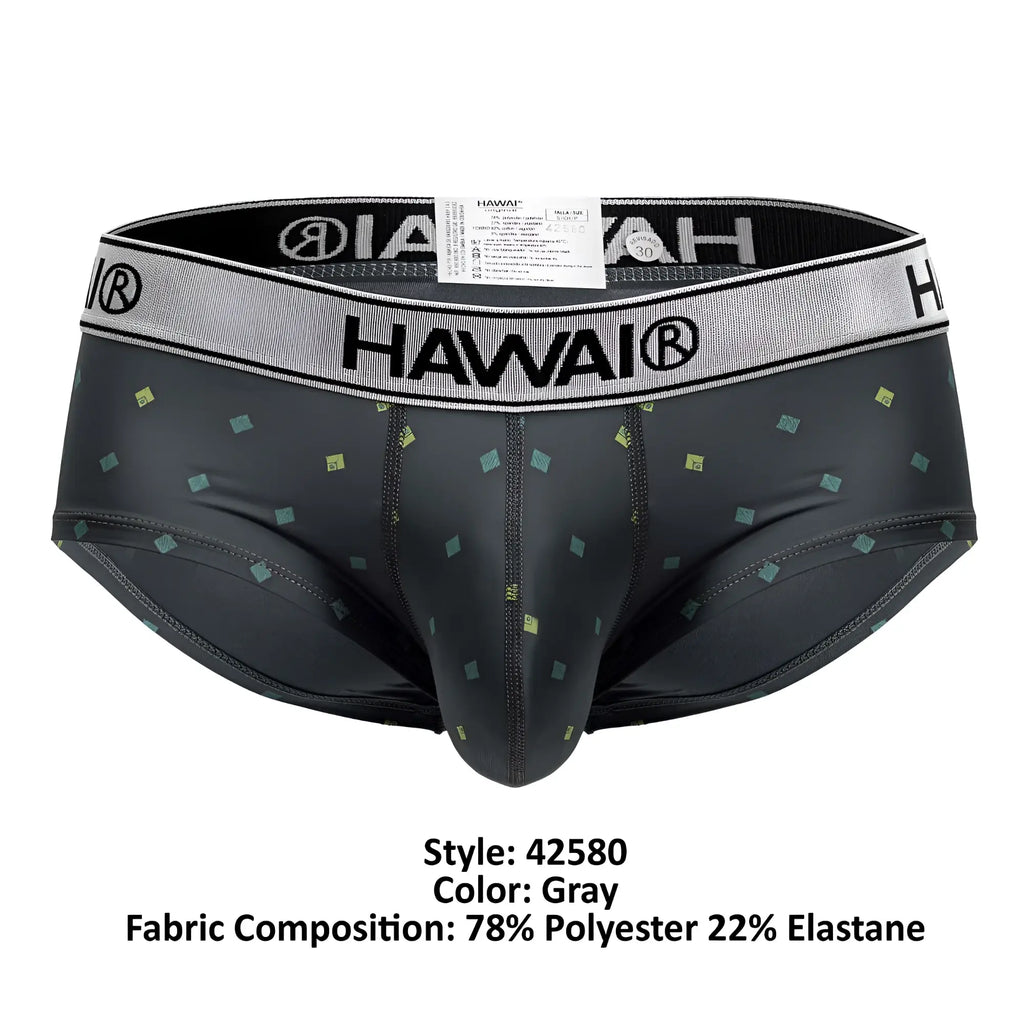Gray hawai 42580 microfiber briefs with a subtle pattern of small green and yellow squares on gray fabric