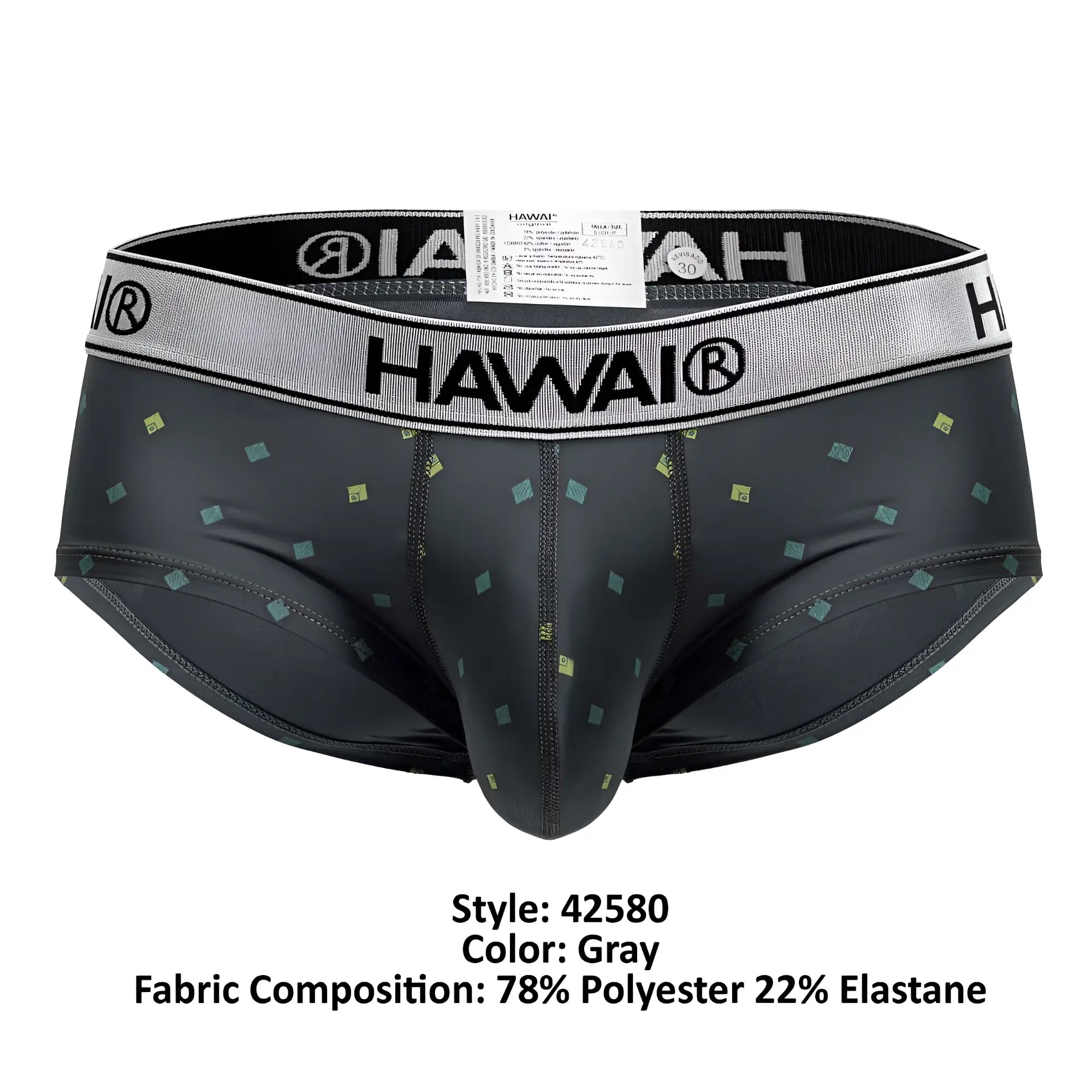 Gray hawai 42580 microfiber briefs with a subtle pattern of small green and yellow squares on gray fabric