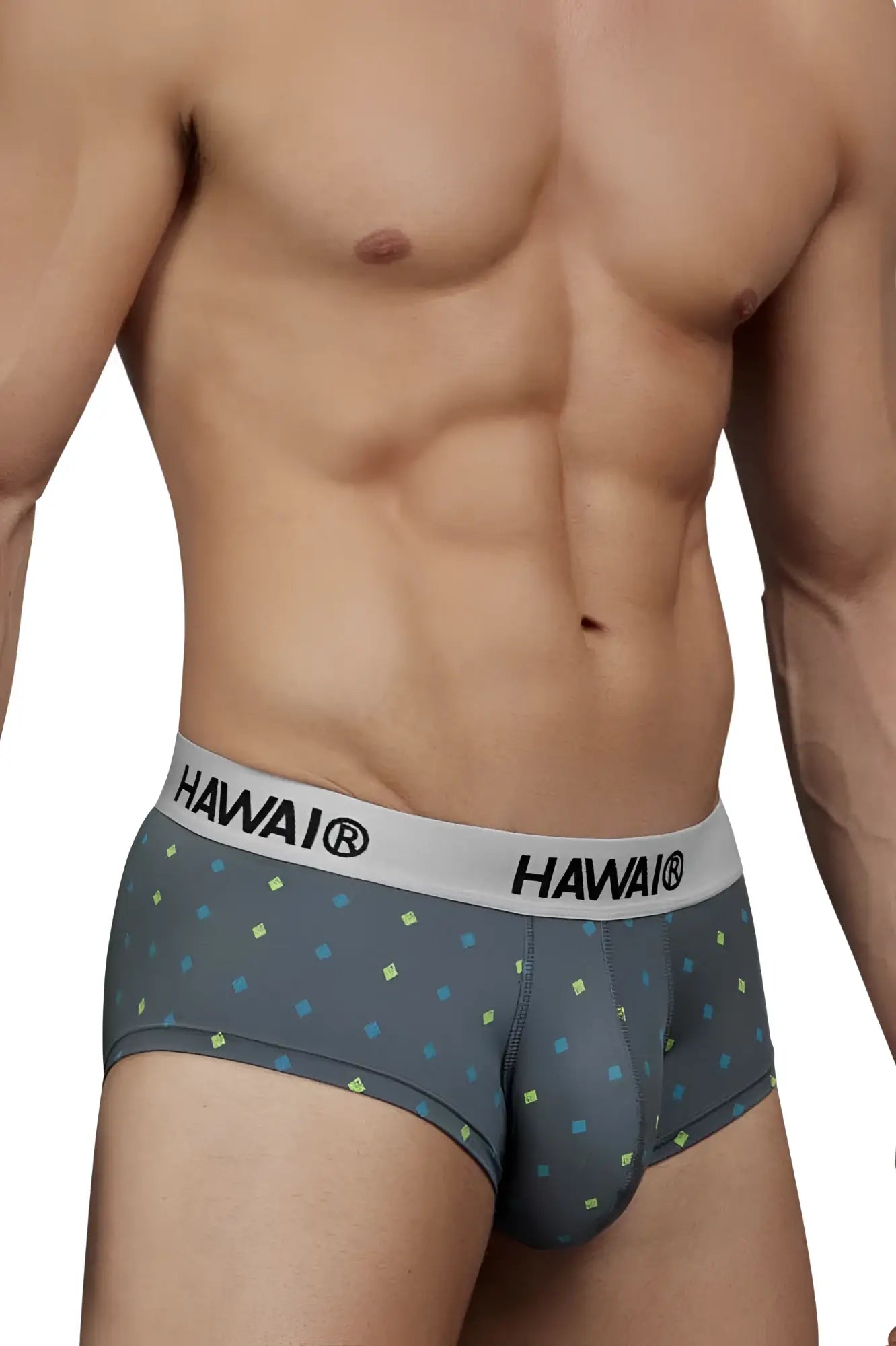 Gray hawai 42580 microfiber men’s briefs with a subtle pattern of small blue and yellow squares on gray fabric
