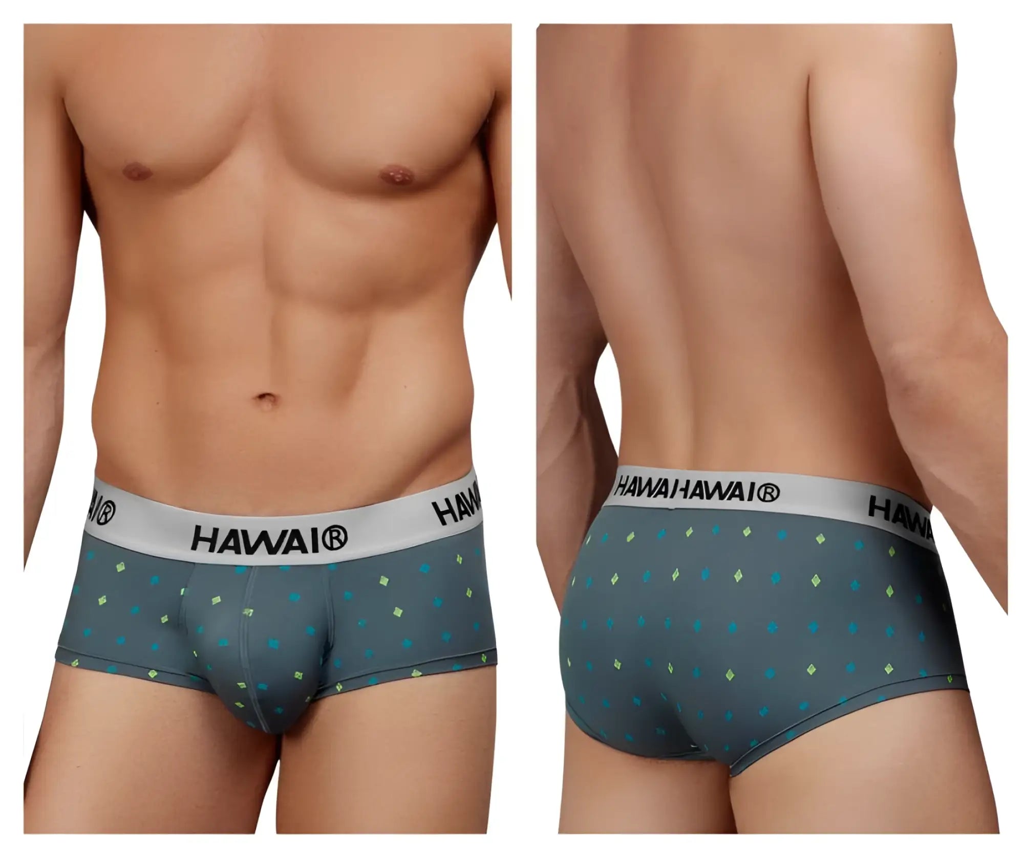 Gray hawaiian-patterned microfiber briefs with white waistband featuring the hawaii brand name in black lettering