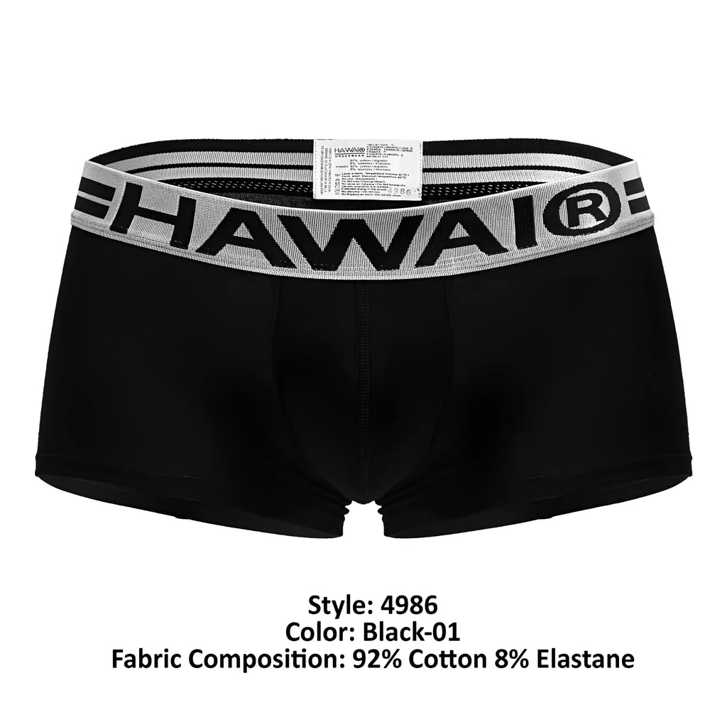 Black Hawai 4986 cotton blend boxer briefs in black with a gray elastic waistband featuring bold black lettering