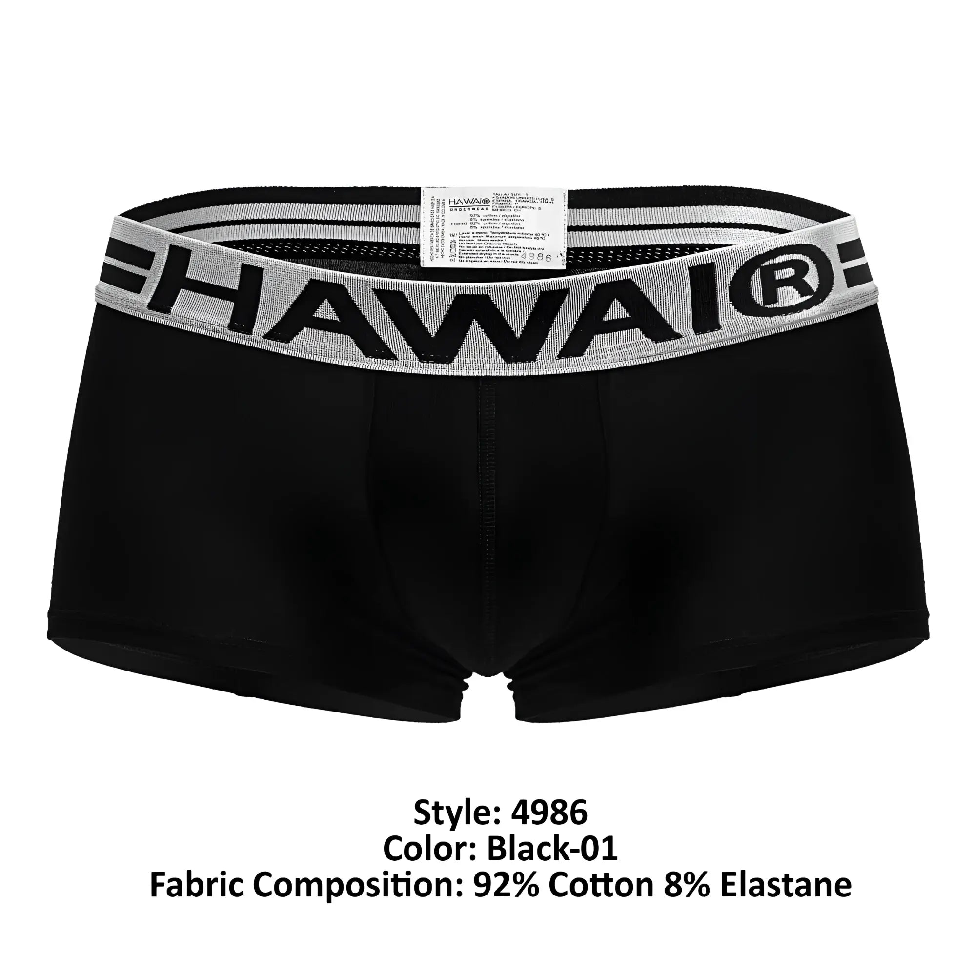 Black Hawai 4986 cotton blend boxer briefs in black with a gray elastic waistband featuring bold black lettering