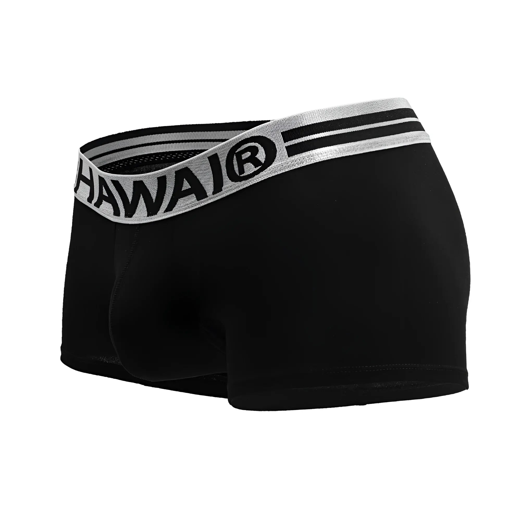 Black hawai 4986 cotton blend boxer briefs in black with a silver waistband featuring black lettering and stripes