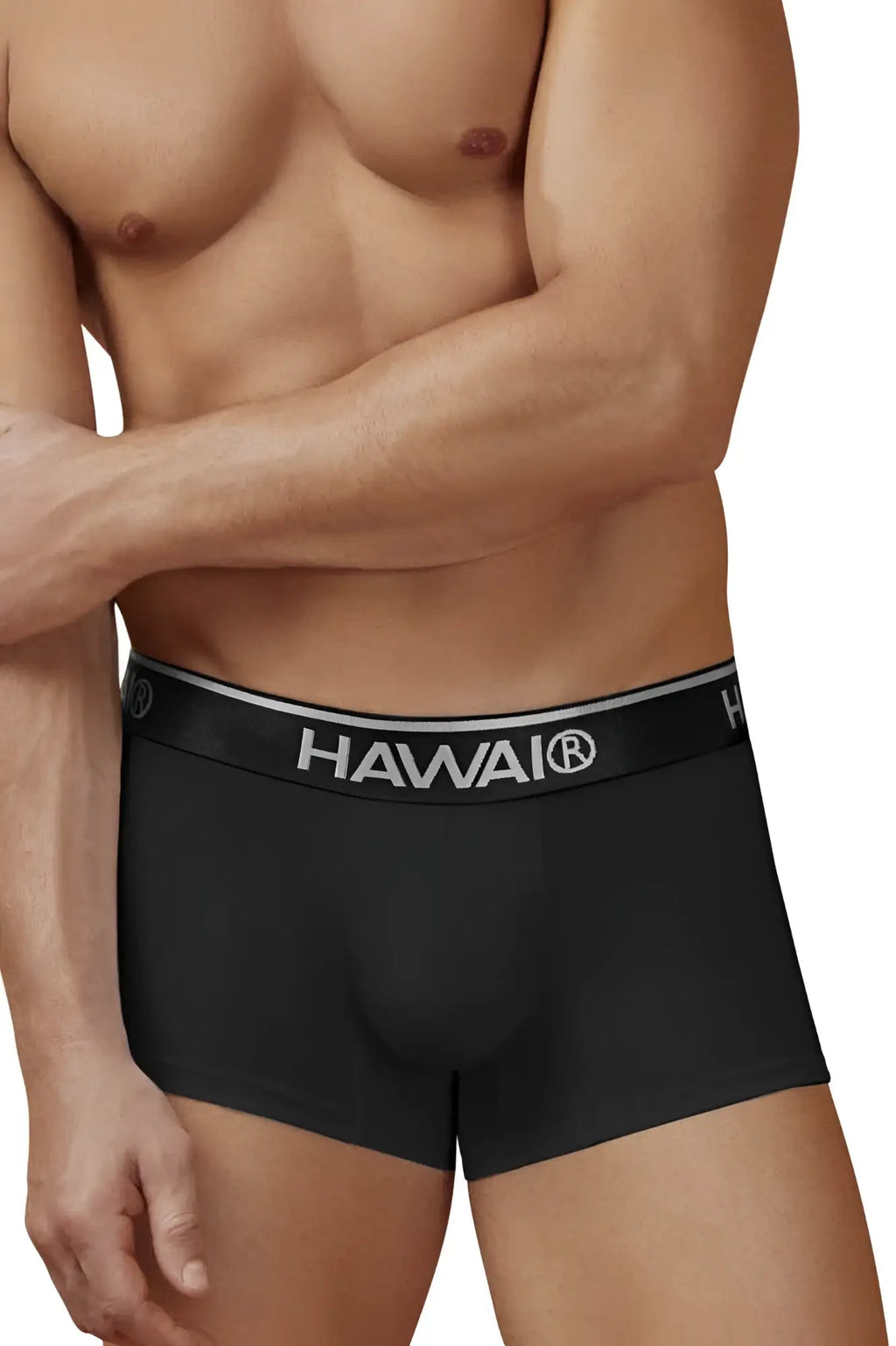 Black Hawai 4986 cotton blend men’s briefs in black with sleek elastic waistband featuring silver lettering and trim