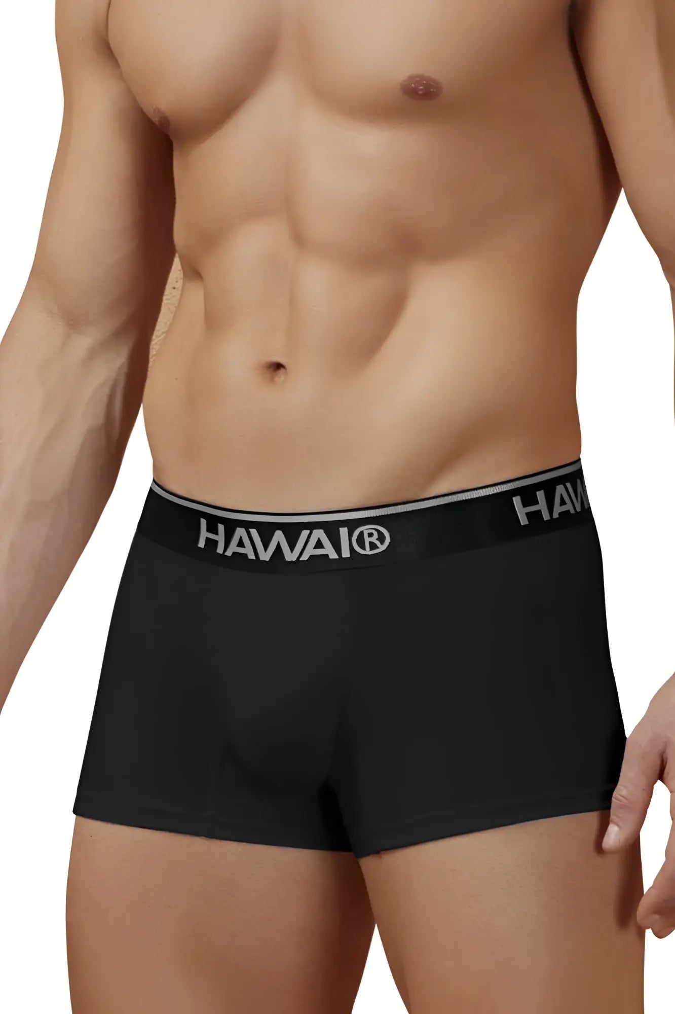 Black hawaiian boxer briefs with gray elastic waistband featuring hawaii logo made from cotton blend material