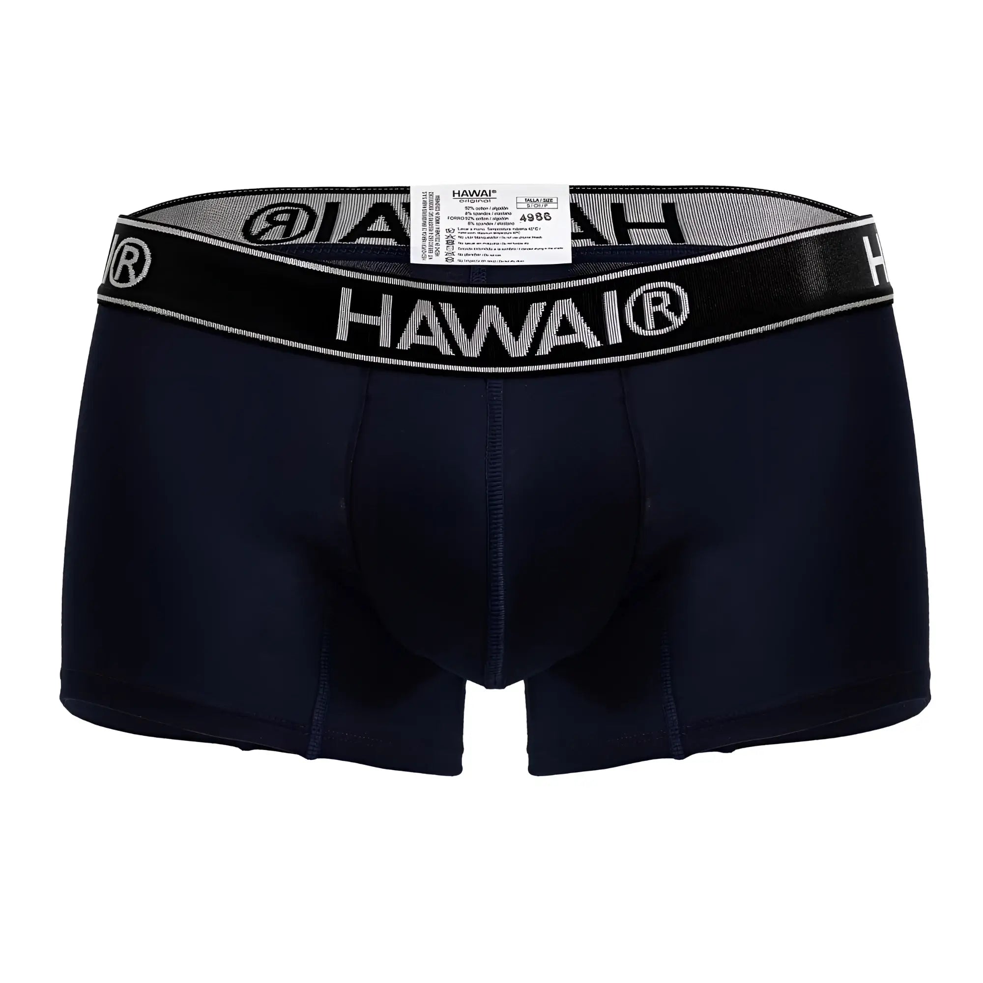 Black hawai men’s dark blue cotton blend boxer briefs with gray and black waistband featuring bold white logo