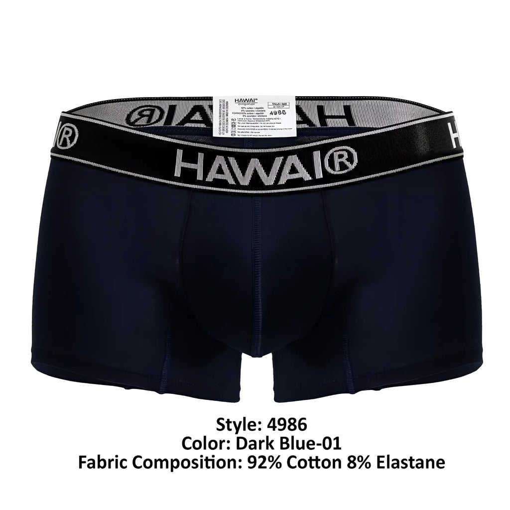 Dark blue Hawai 4986 cotton blend boxer briefs with a black elastic waistband featuring white lettering and logo