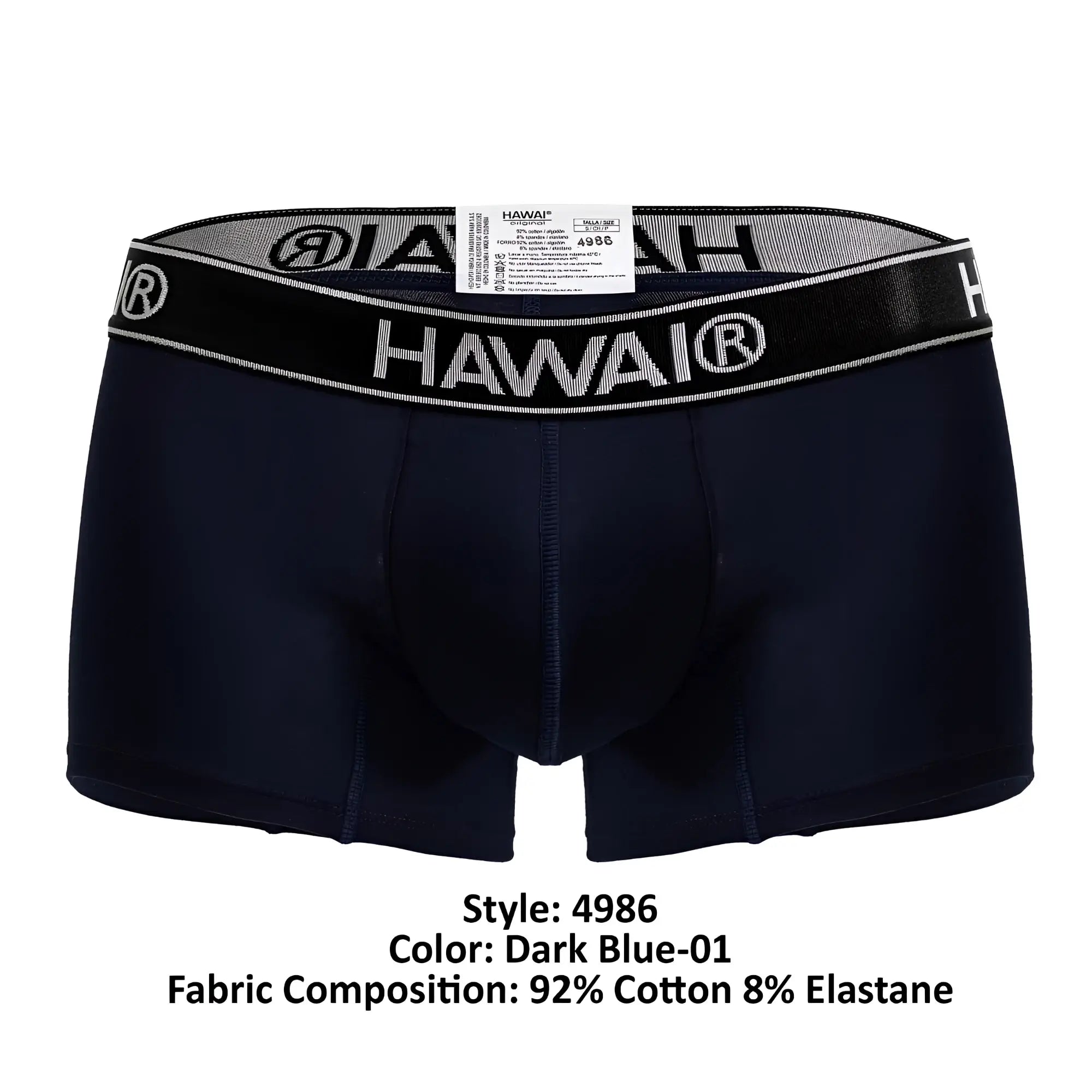 Dark blue Hawai 4986 cotton blend boxer briefs with a black elastic waistband featuring white lettering and logo