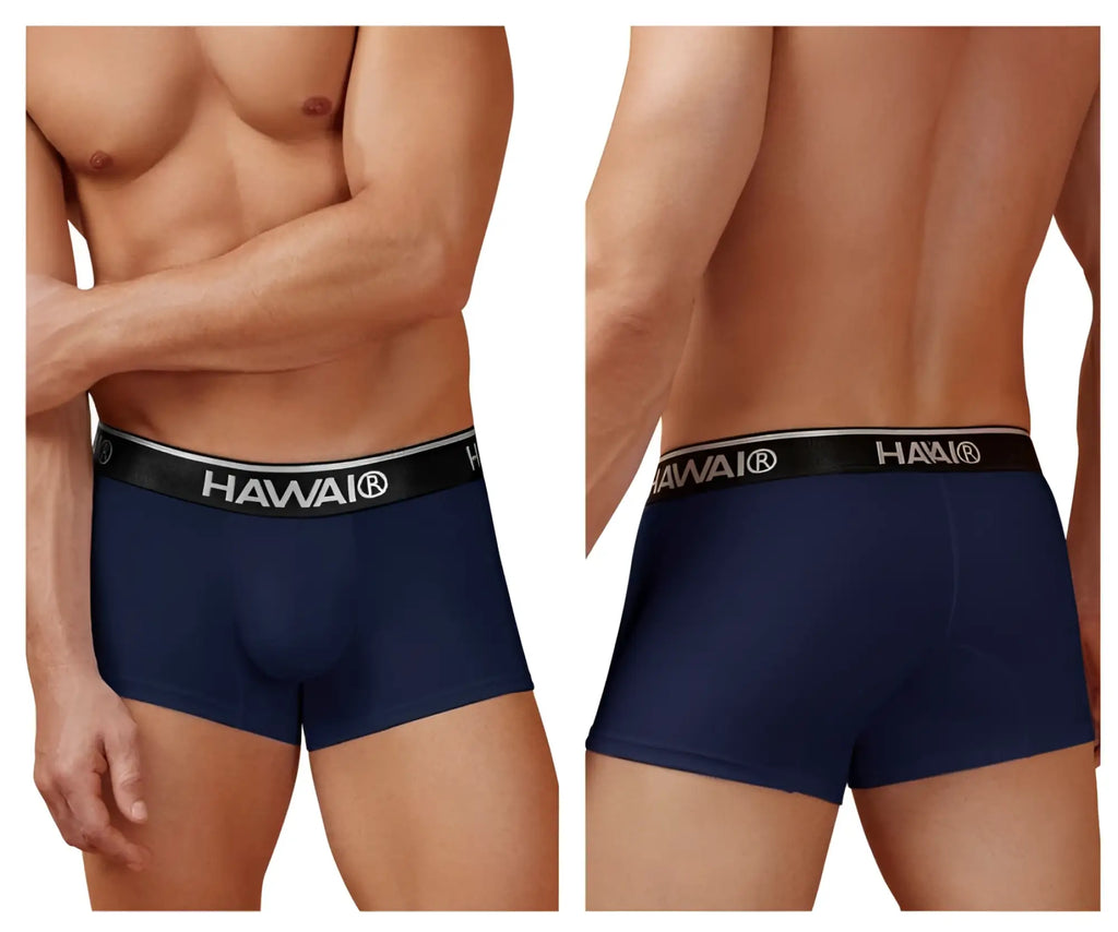 Navy blue hawai 4986 cotton blend briefs with black elastic waistband featuring white hawai lettering