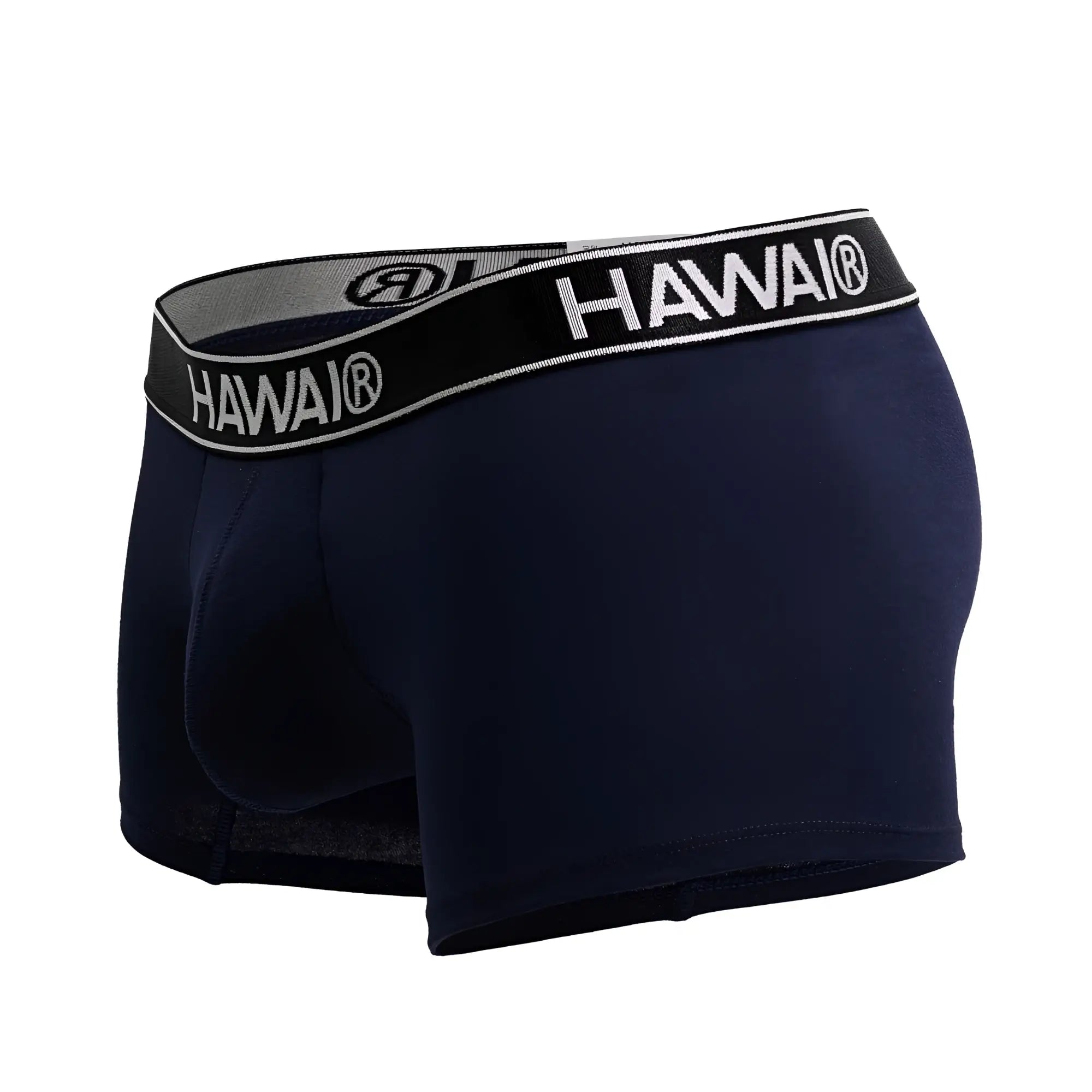 Navy blue hawai men’s cotton blend boxer briefs with black and gray waistband featuring white lettering