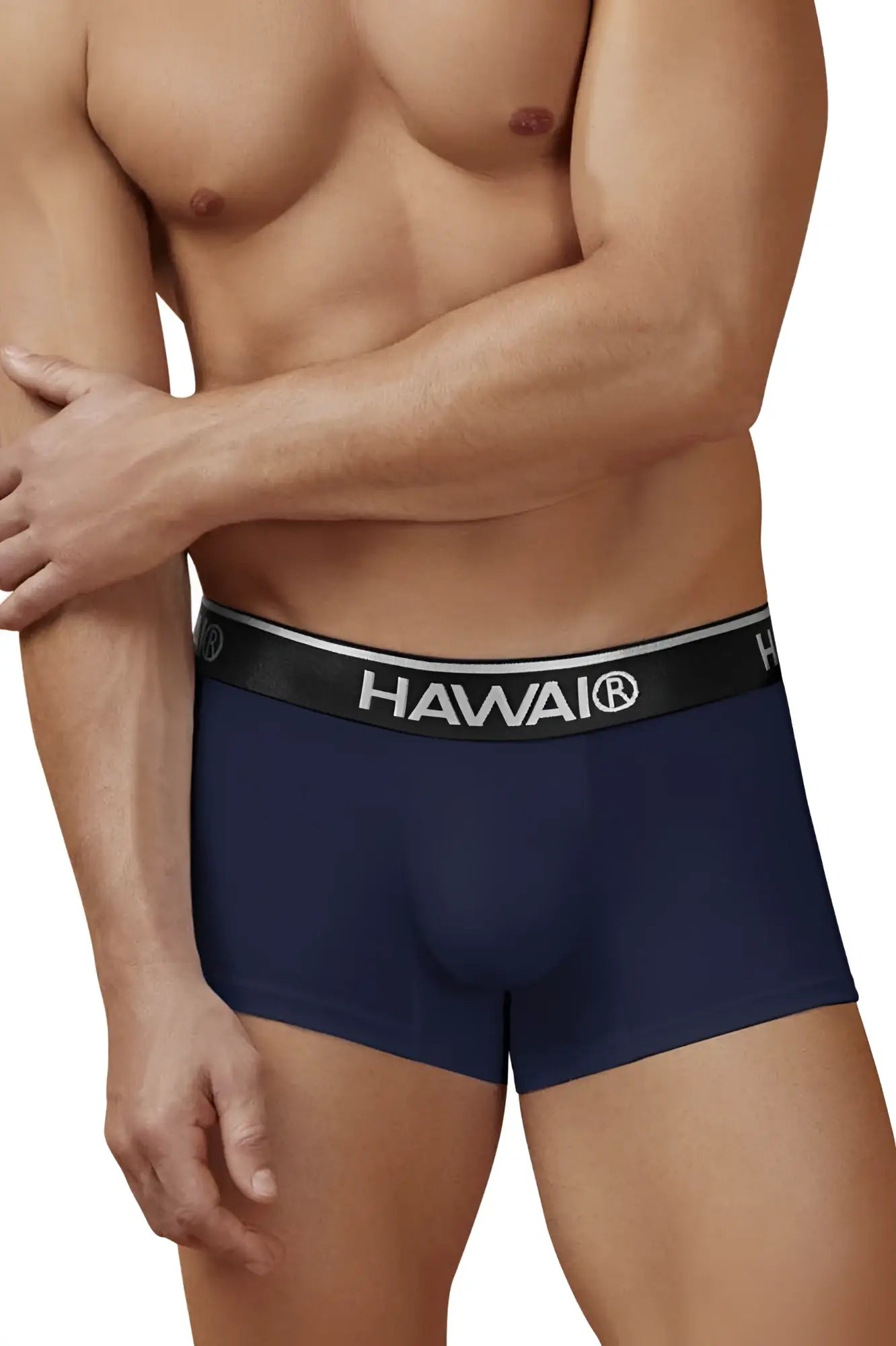 Navy blue hawaiian men’s cotton blend briefs with black elastic waistband featuring hawaii logo in white lettering