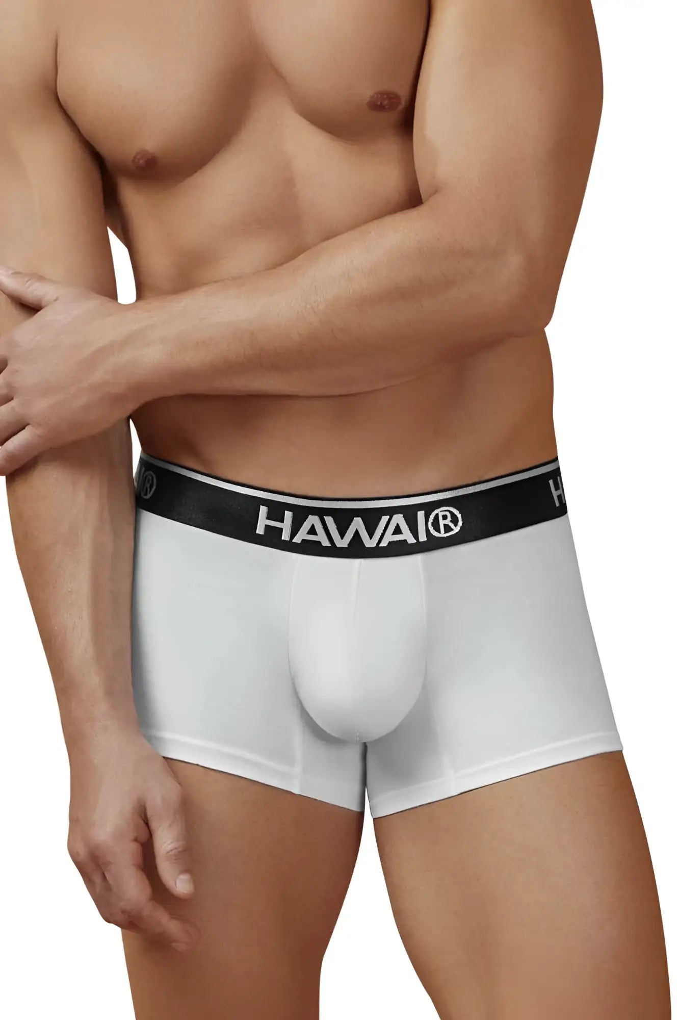 White men’s boxer briefs with black elastic waistband featuring hawaii brand name in cotton blend trunks white 01