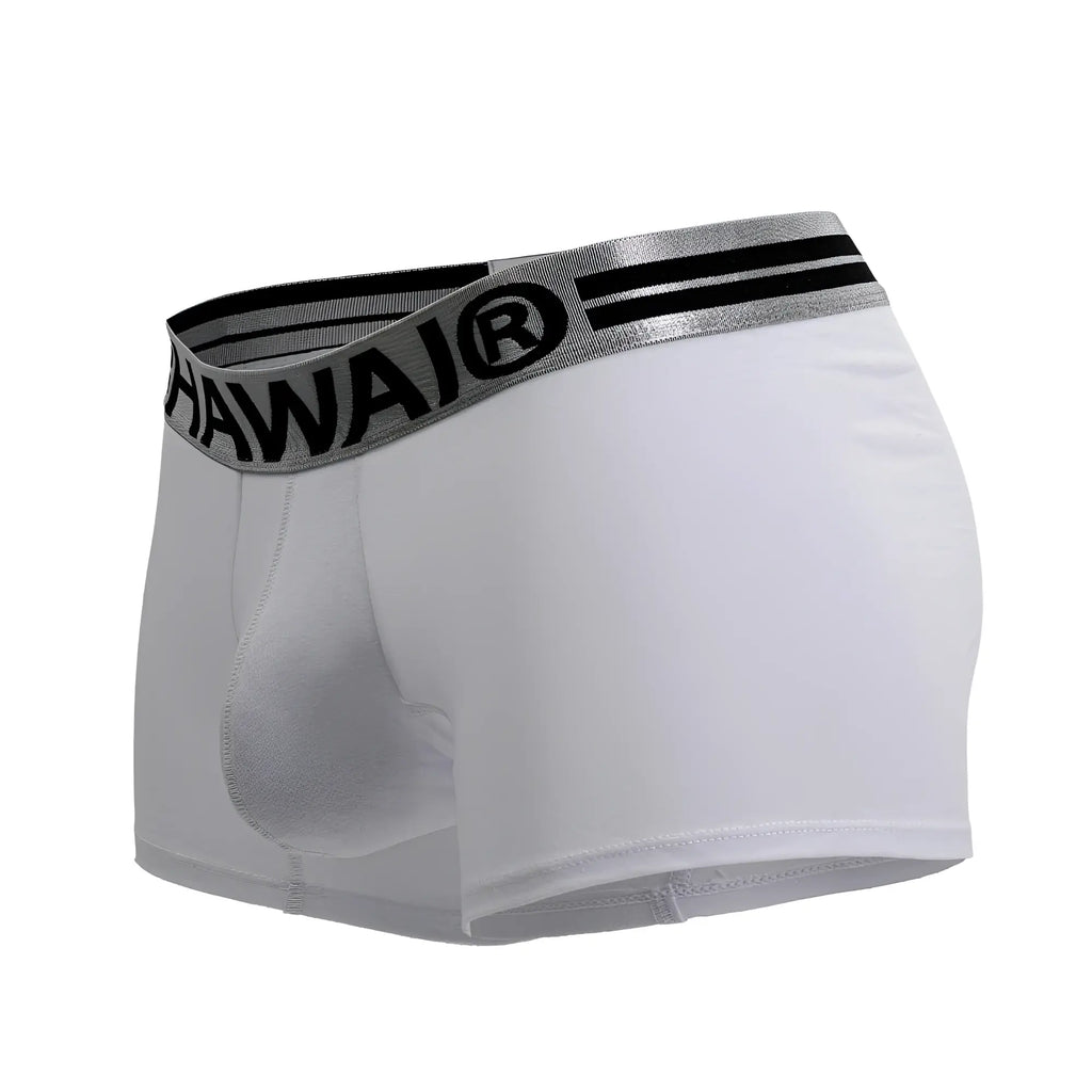White men’s cotton blend boxer briefs hawaii branded gray waistband with black logo and stripes white color