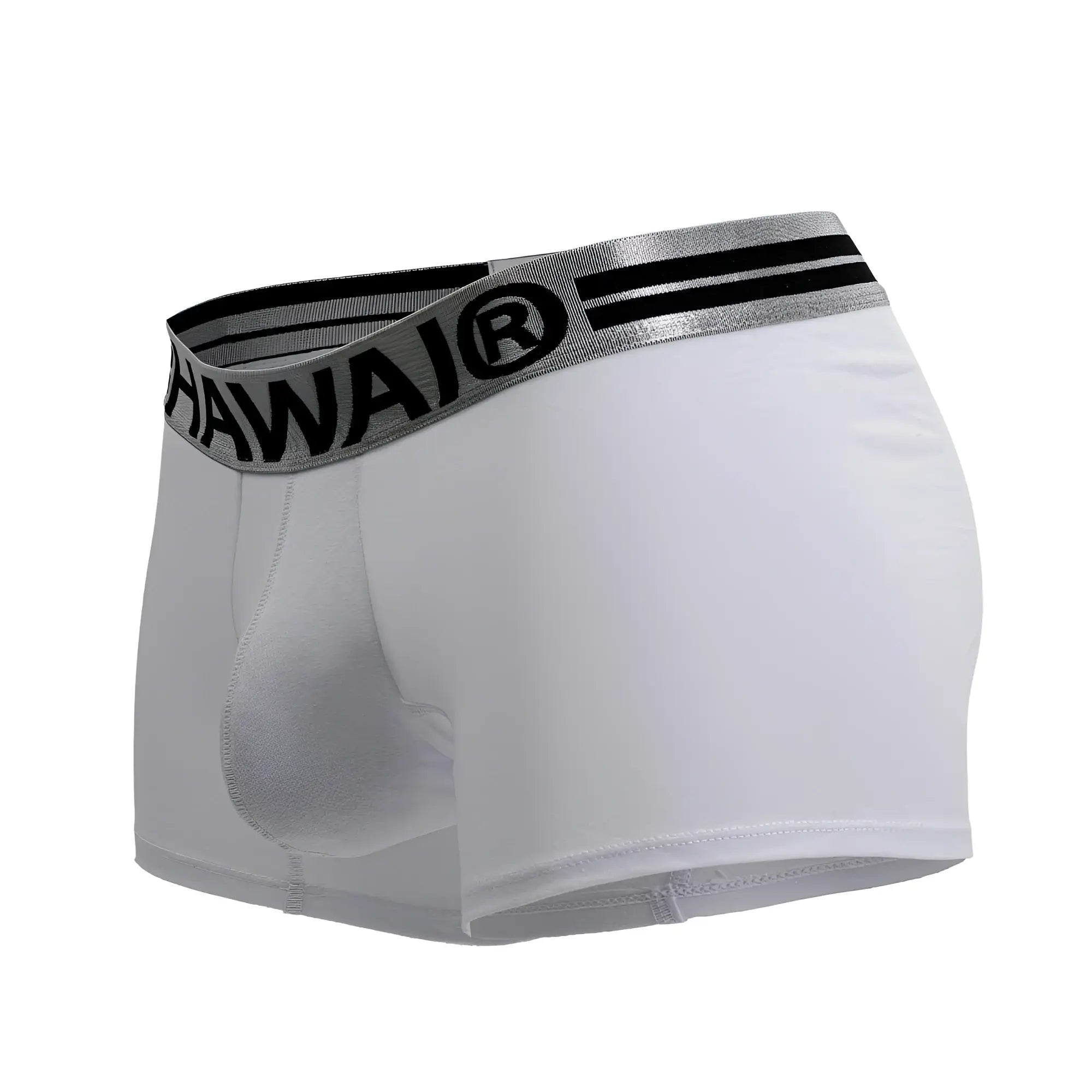 White men’s cotton blend boxer briefs hawaii branded gray waistband with black logo and stripes white color