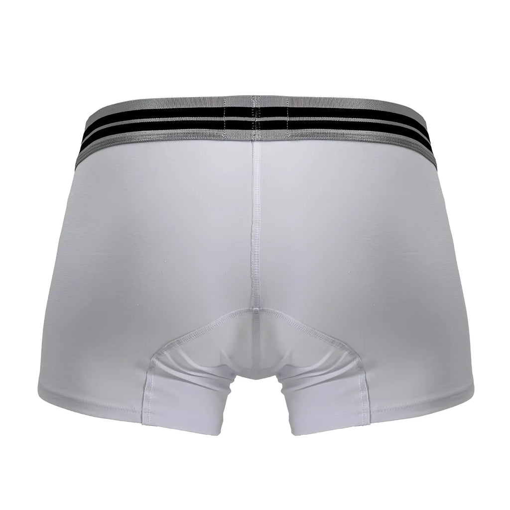 White men’s cotton blend boxer briefs with gray waistband and two black stripes hawai 4986 trunks white 01