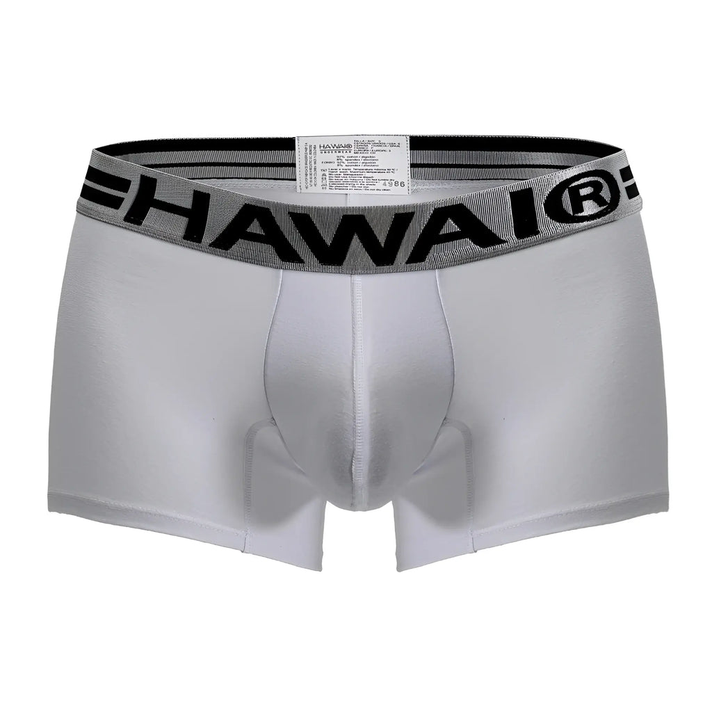 White men’s cotton blend briefs with gray elastic waistband and bold black hawaii lettering style 4986 trunks white 01