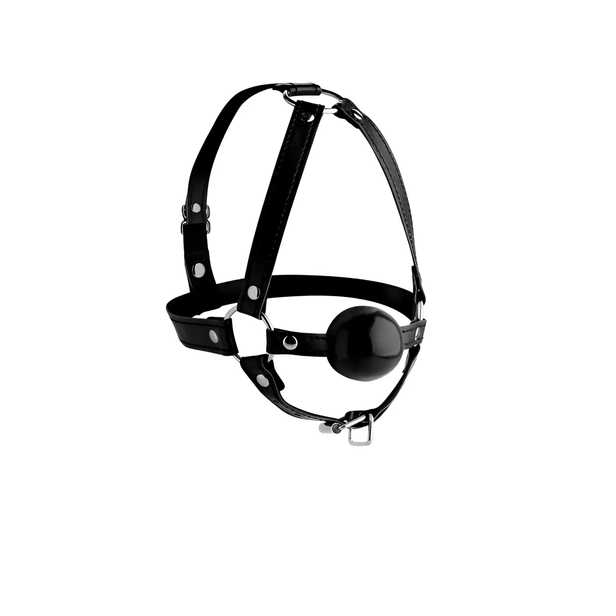 Black leather head harness with ball gag featuring glossy finish and metal hardware for secure fit