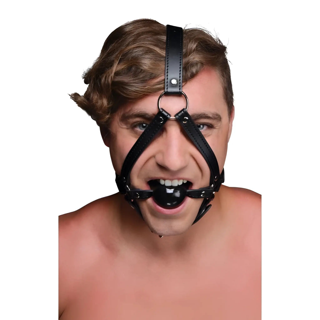 Black leather head harness with ball gag featuring metal hardware and glossy plastic mouthpiece for restraint play