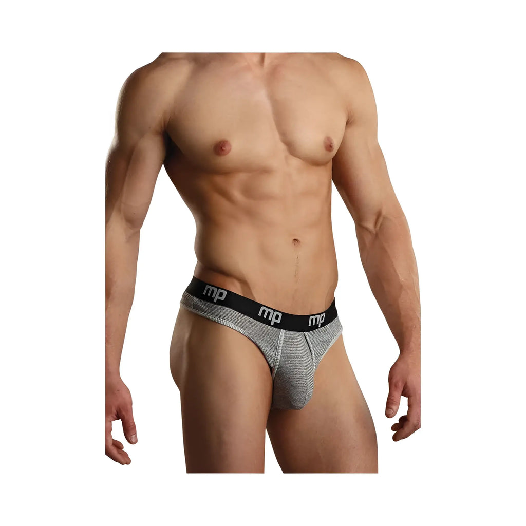 Gray heathered men’s briefs with black elastic waistband and white mp branding heather rib enhancer low rise thong smoke xl