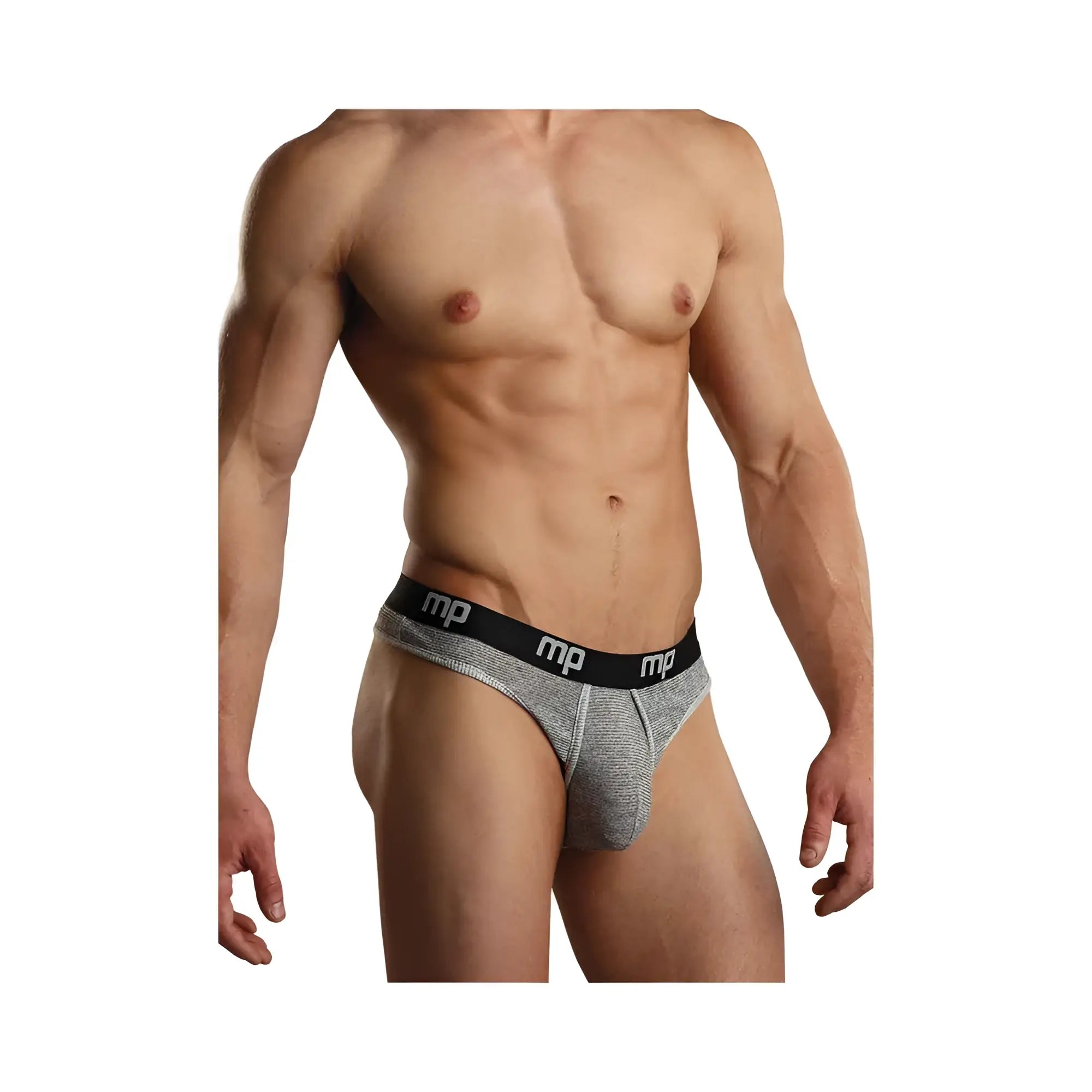 Gray heathered men’s briefs with black elastic waistband and white mp branding heather rib enhancer low rise thong smoke xl