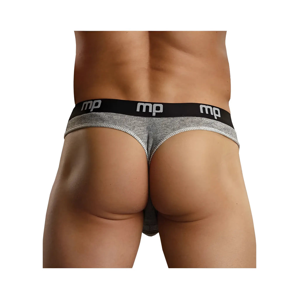 Gray heathered mp briefs with a black waistband featuring white mp logos heather rib enhancer low rise thong smoke xl