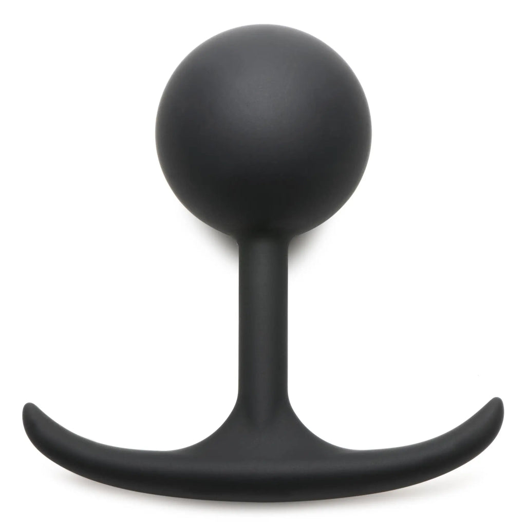 Heavy Hitters matte black silicone weighted anal plug with a spherical head and wide, curved T-shaped base.