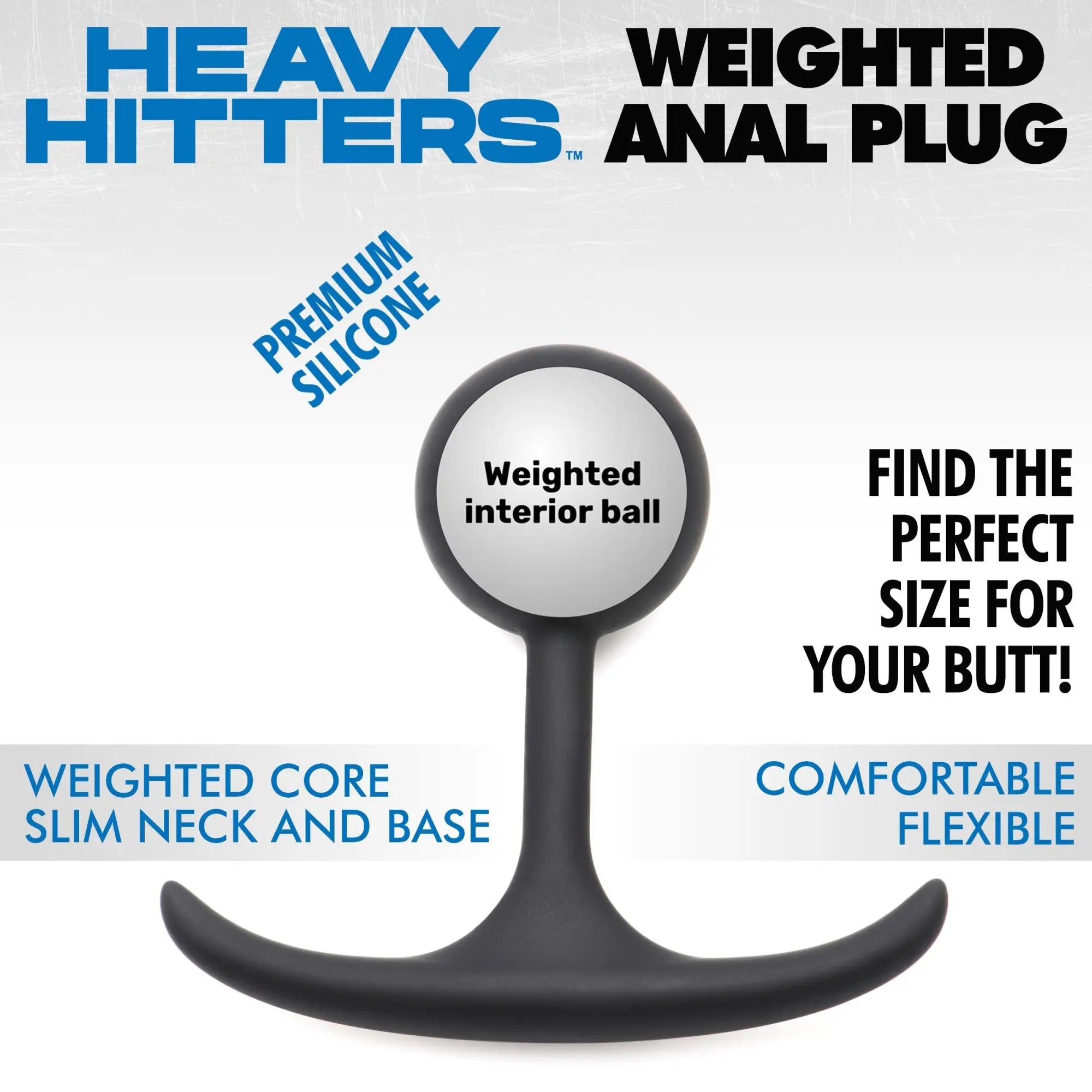 Heavy Hitters Premium Silicone Weighted Anal Plug in matte black, featuring a slim neck and a wide, curved base.