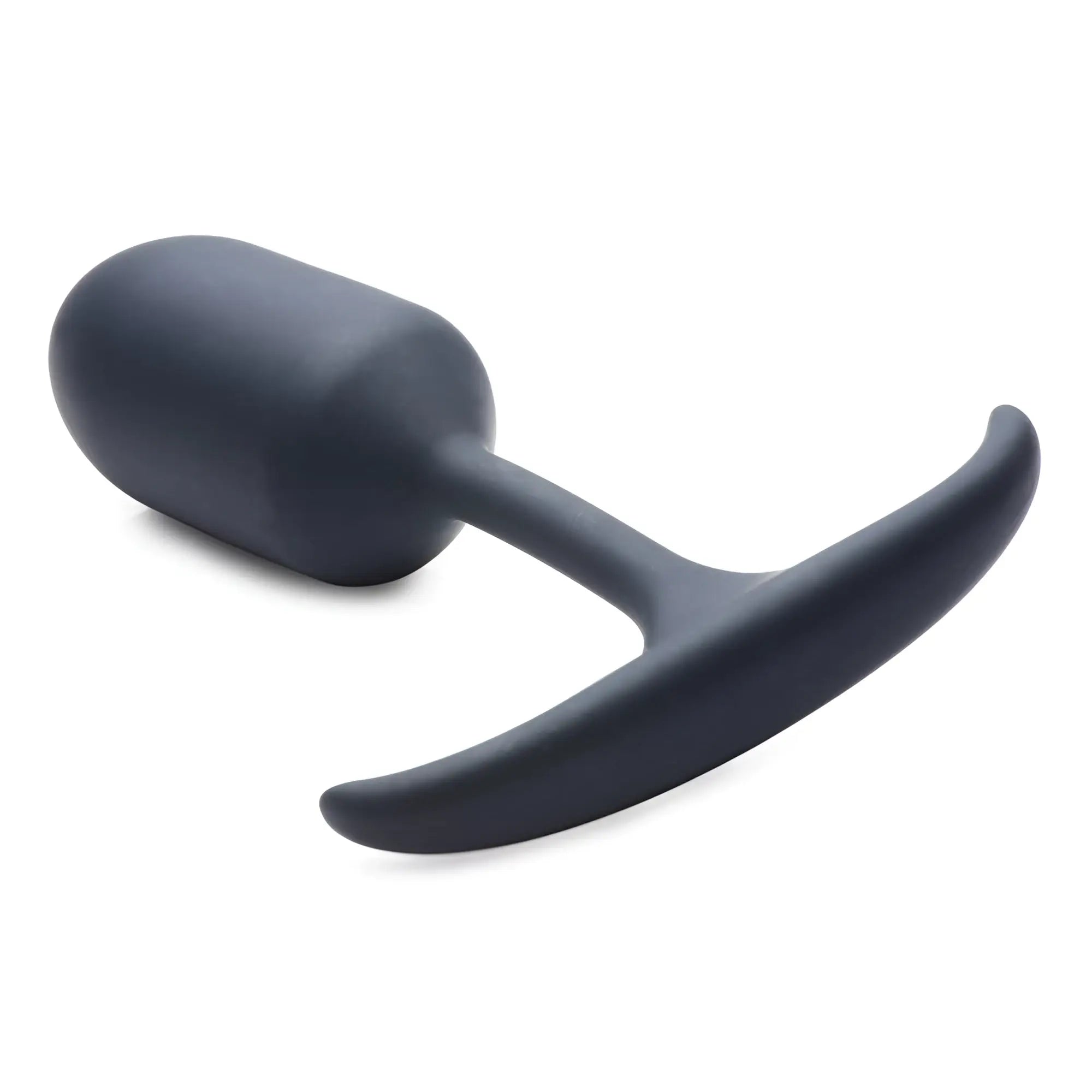 Heavy Hitters matte black silicone weighted bullet anal plug with a T-shaped handle, isolated on white.