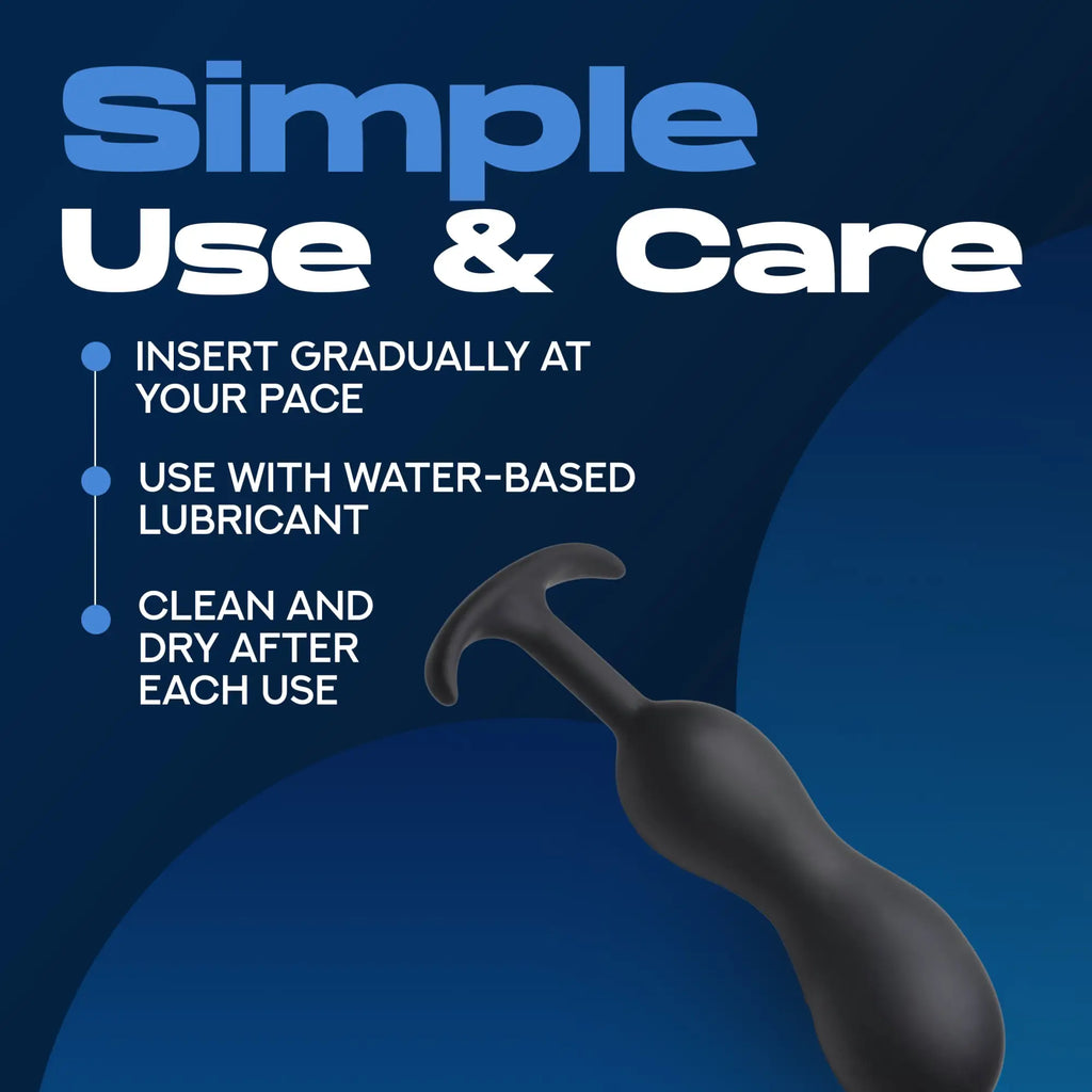 Heavy Hitters silicone prostate plug on a blue background with simple use and care instructions listed in white text.