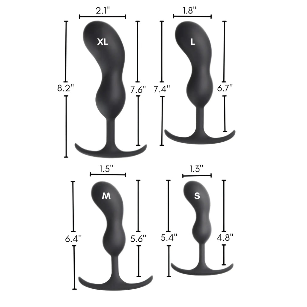 Heavy Hitters silicone prostate plugs in four sizes (S–XL) shown with dimensions in a black matte finish.
