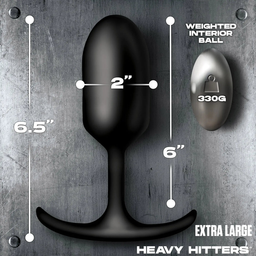 Heavy Hitters XL black silicone anal plug with measurement diagrams and a removable 330g weighted interior ball.