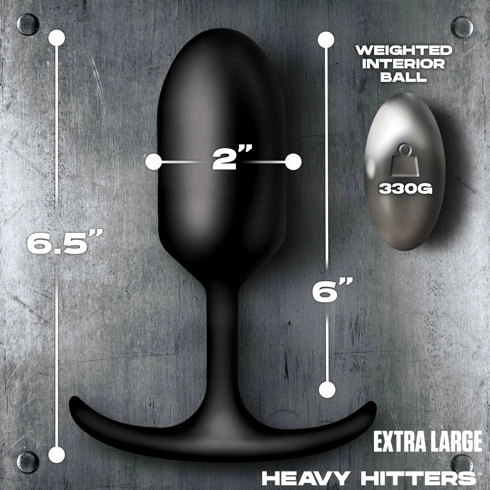 Heavy Hitters XL black silicone anal plug with measurement diagrams and a removable 330g weighted interior ball.