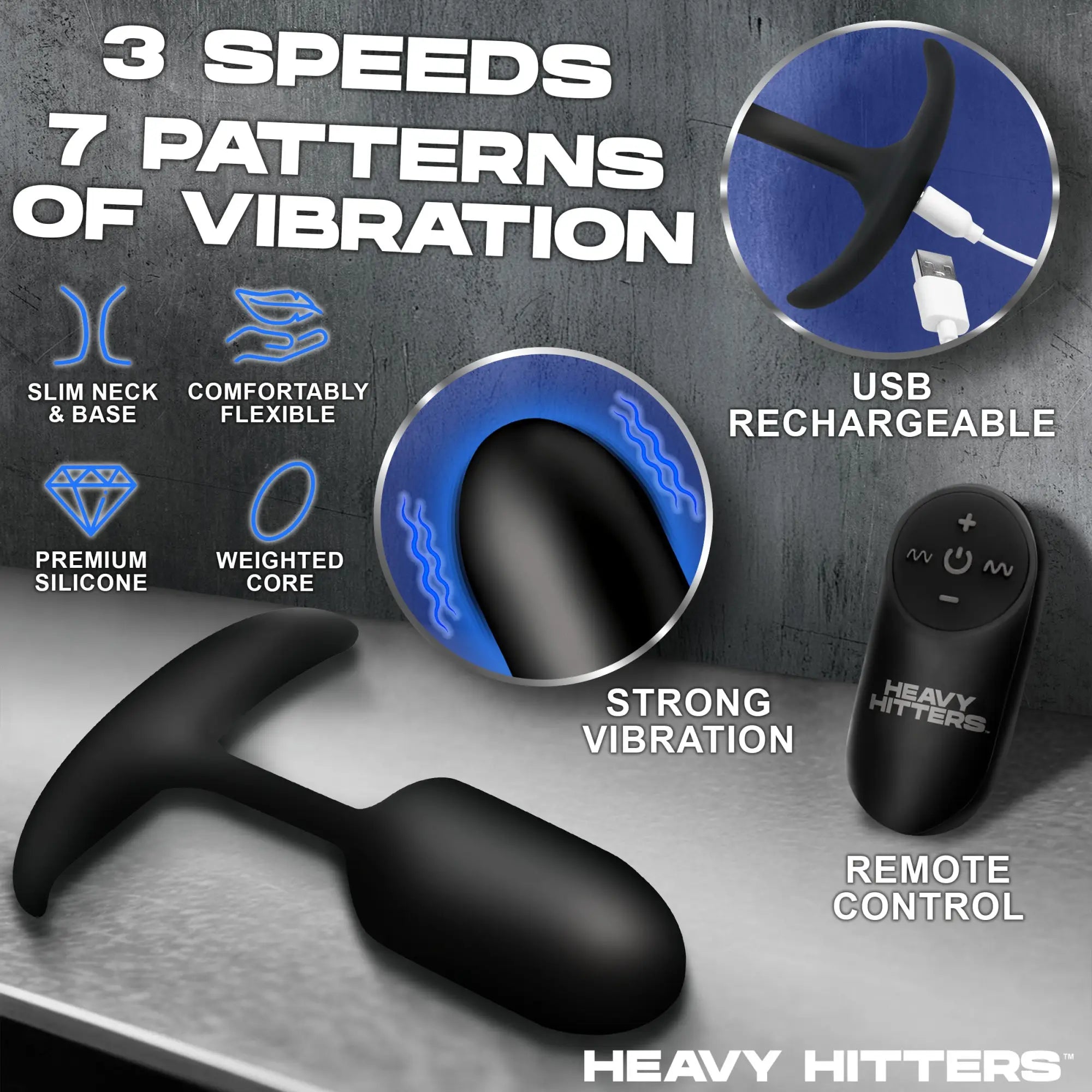 Heavy Hitters black silicone vibrating weighted anal plug with remote control, charging cable, and feature callouts.