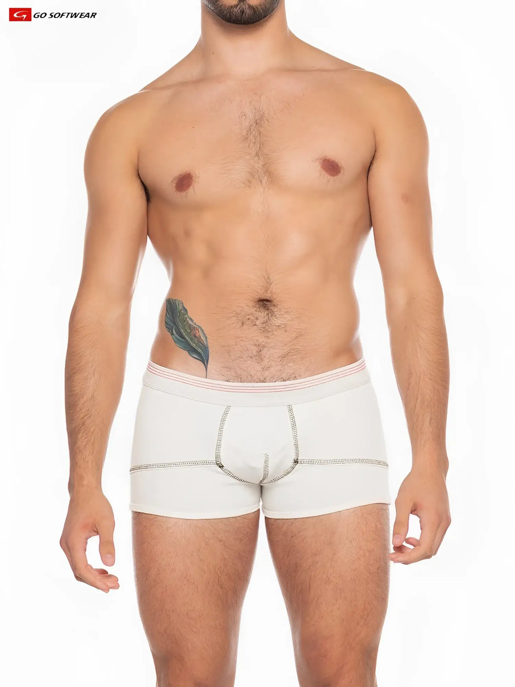 White hemp boxer briefs with subtle gray stitching and thin red trim along the waistband